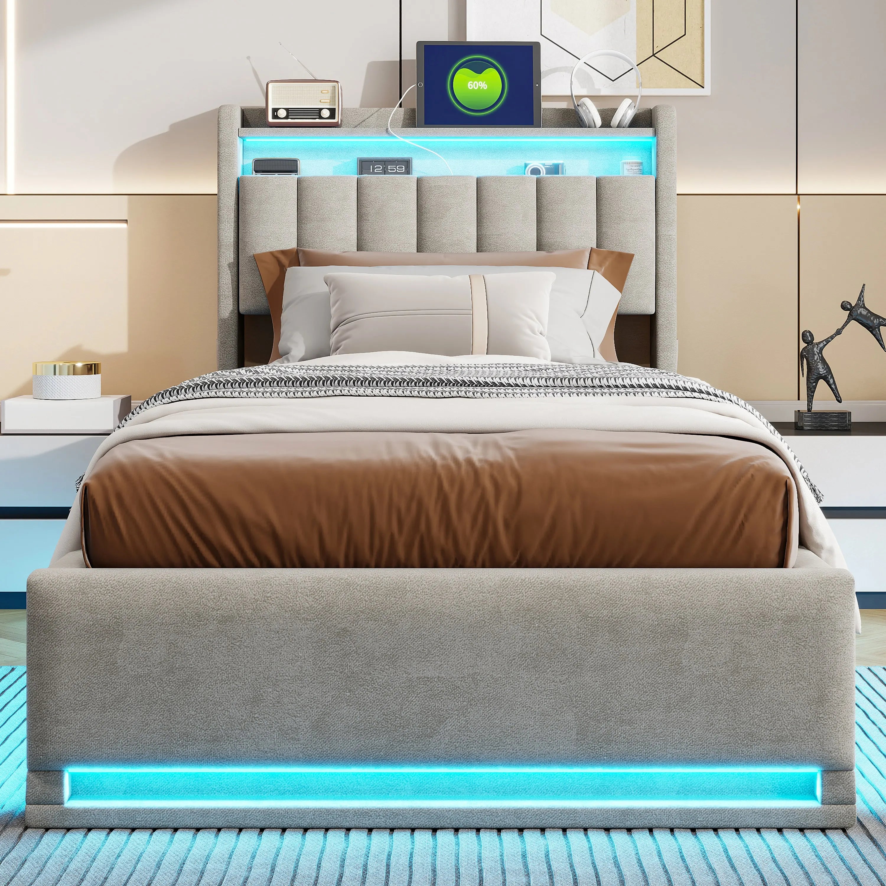 Tweepersoonsbed met geïntegreerde LED‑verlichting, USB‑oplaadfuncties en opbergruimte – Modern en functioneel bedframe