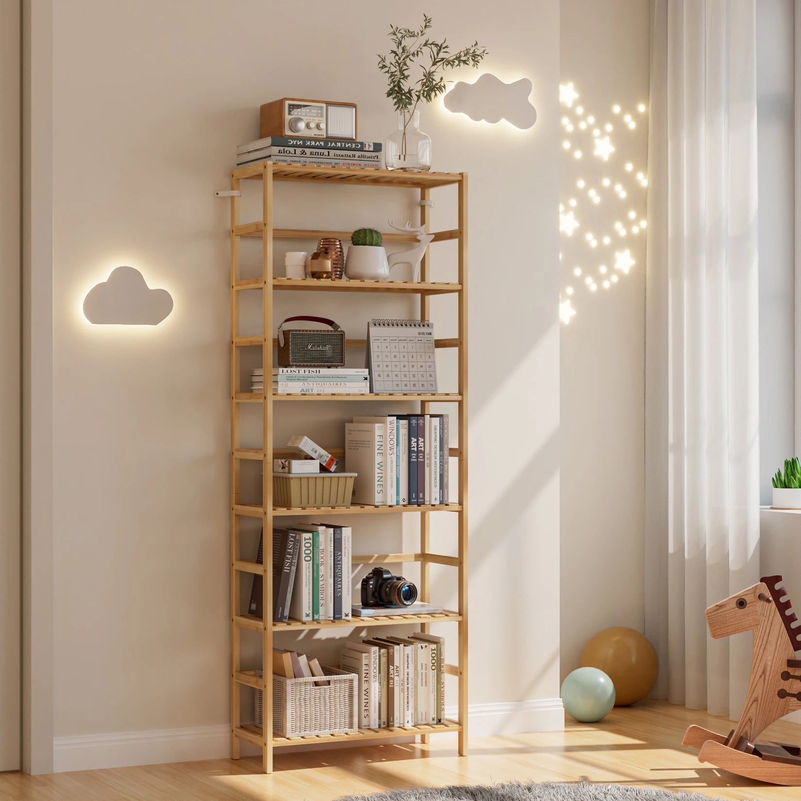 6-Laags Bamboe Boekenkast met Verstelbare Planken – Duurzaam Opbergrek voor Woonkamer, Slaapkamer en Kantoor