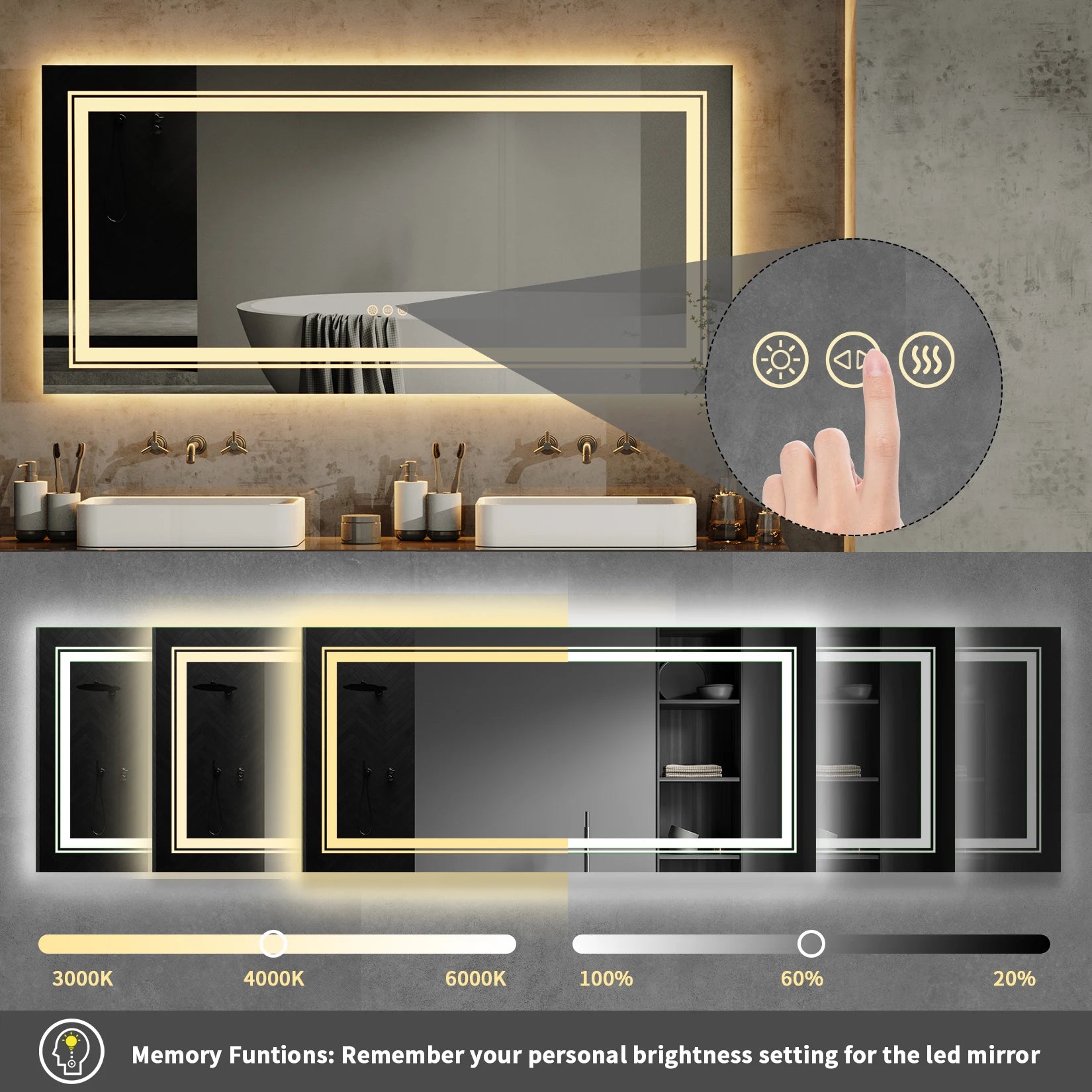 LED Badkamerspiegel 120x60 cm met Verlichting, Anti-Condens & Dimbaar Licht – Wandspiegel met Touch Bediening en 3 Lichtkleuren