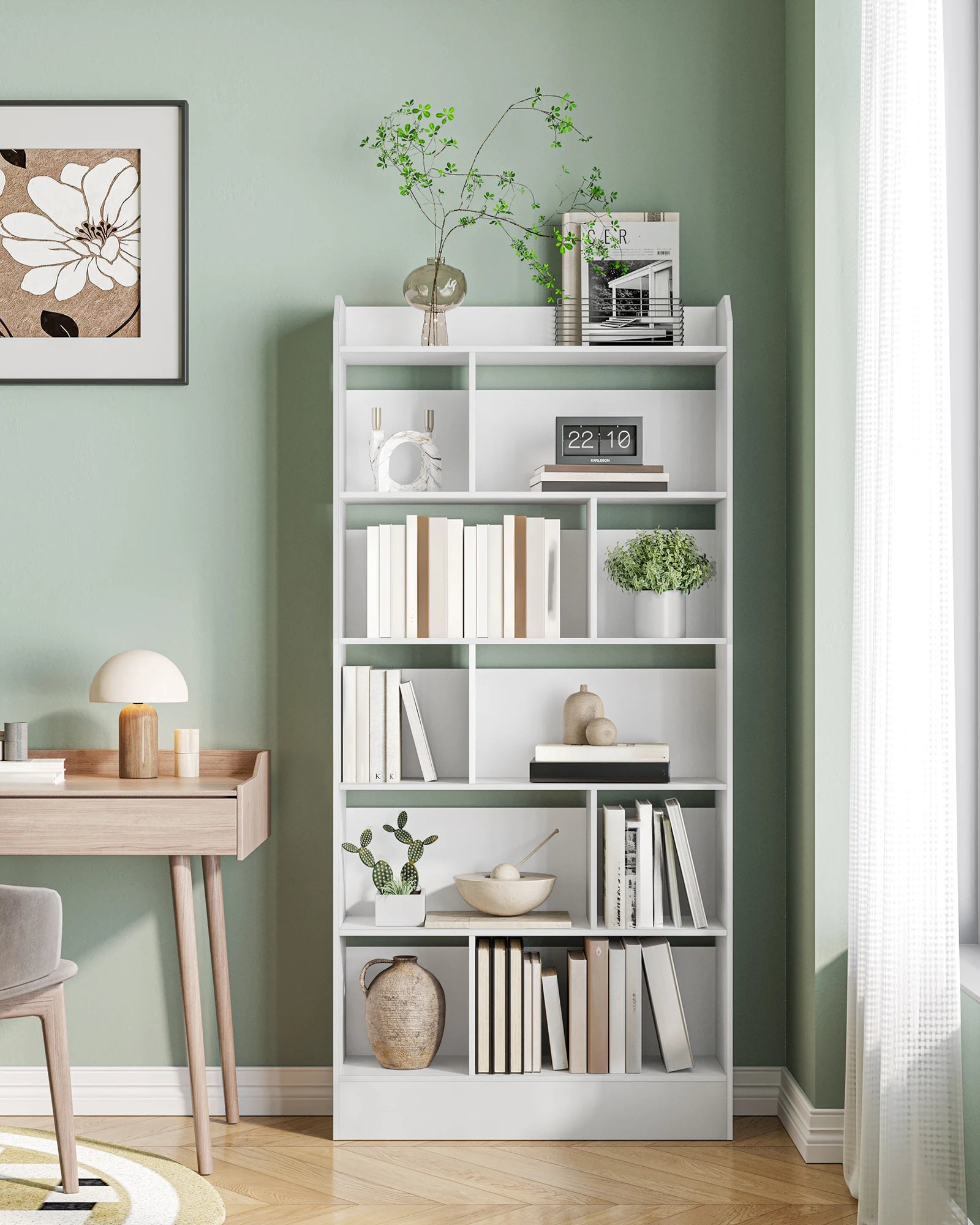 Witte Boekenkast met 6 Vakken – Moderne Opbergkast Staand voor Woonkamer, Slaapkamer en Kantoor