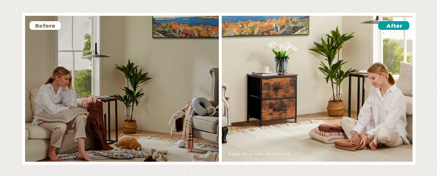 Multifunctioneel Nachtkastje met 2 Stoffen Lades – Modern Bijzettafel voor Slaapkamer en Woonkamer