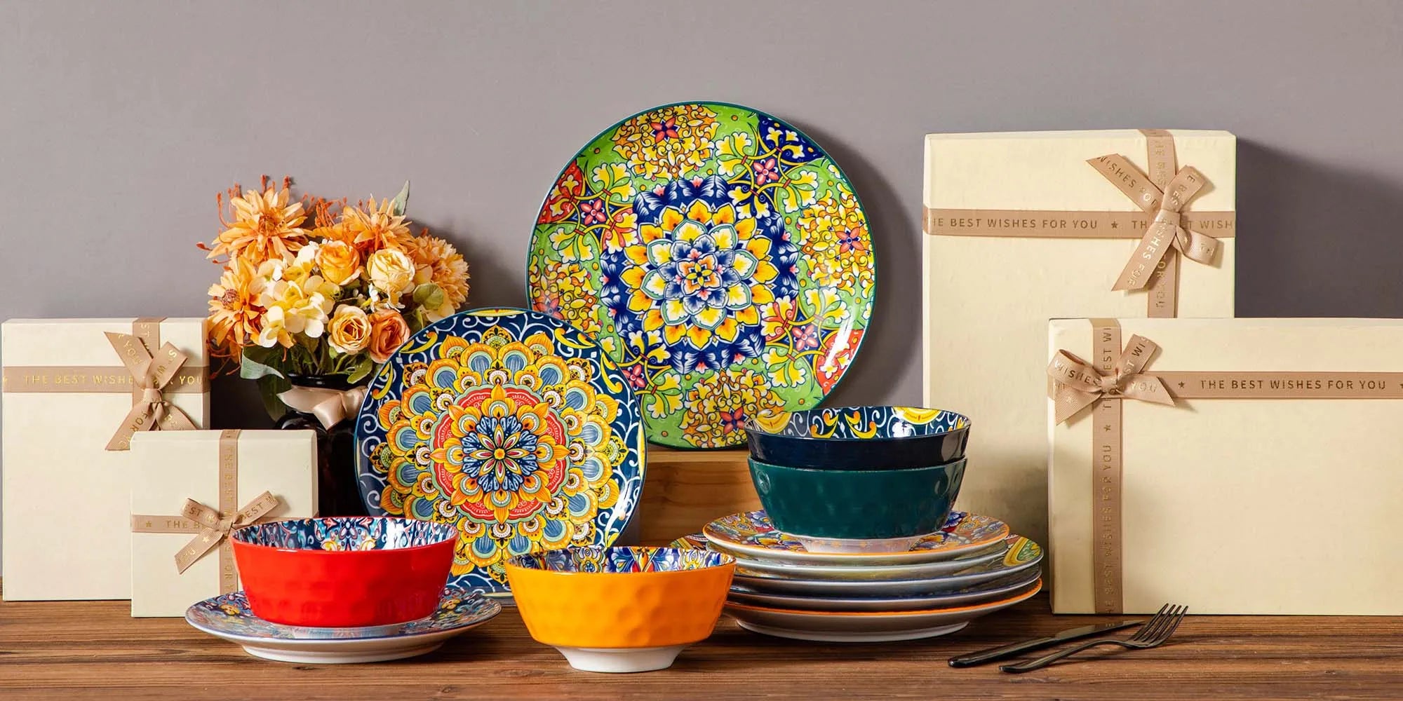 Boheemse 12-delige Keramische Servies Set – Porselein Dinerborden, Dessertborden & Kommen – Boho Servies met Bloemen Design