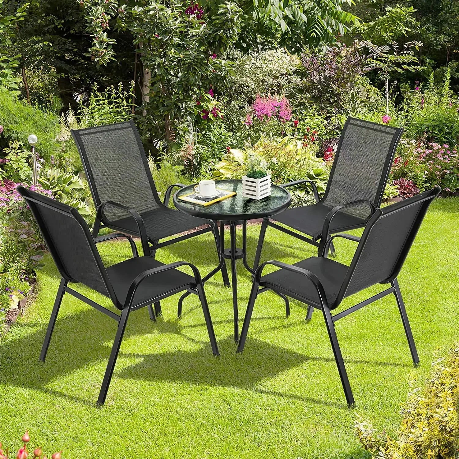 Set van 4 Stapelbare Tuinstoelen – Metalen Tuinstoelen met Hoge Rugleuning & Teslin Zitting – Zwart – Tot 150 kg