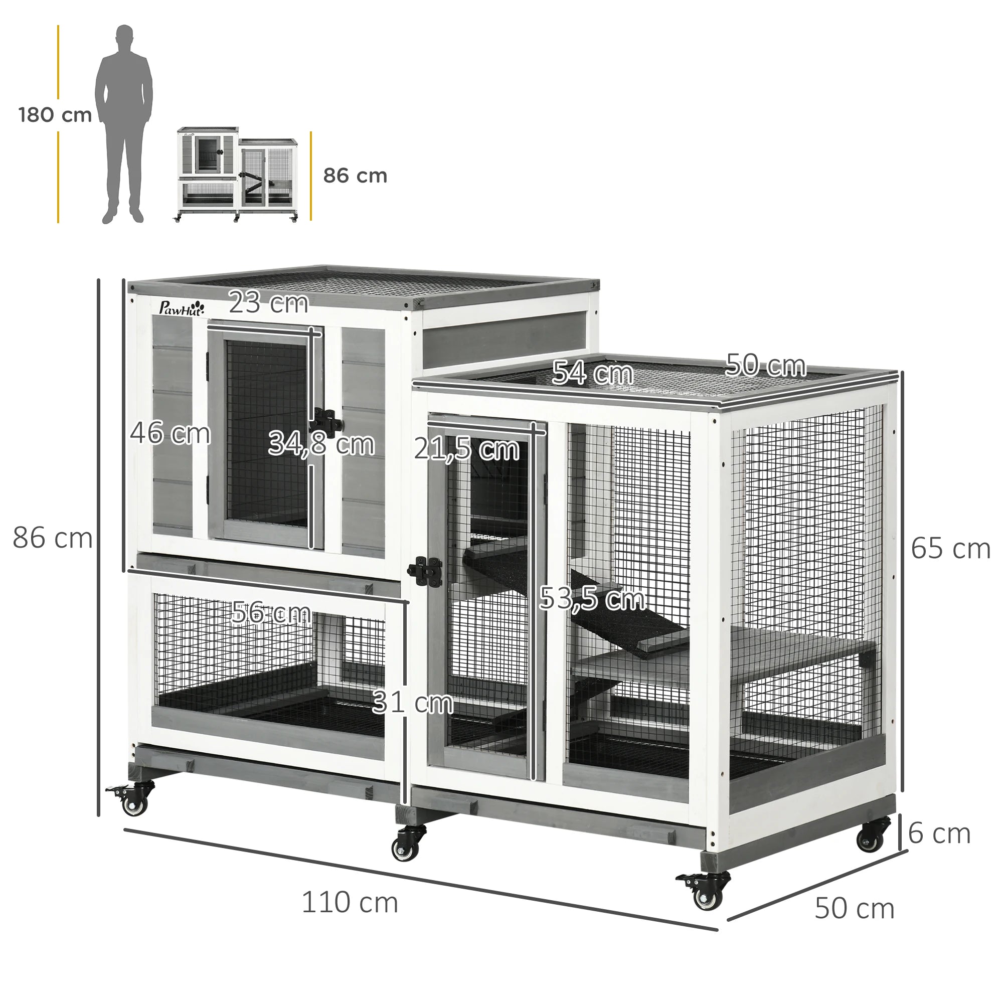 Houten Konijnenhok Binnen met Wielen 110x50x86 cm – Ruim Dierenverblijf met Lade & Helling voor Konijnen en Knaagdieren