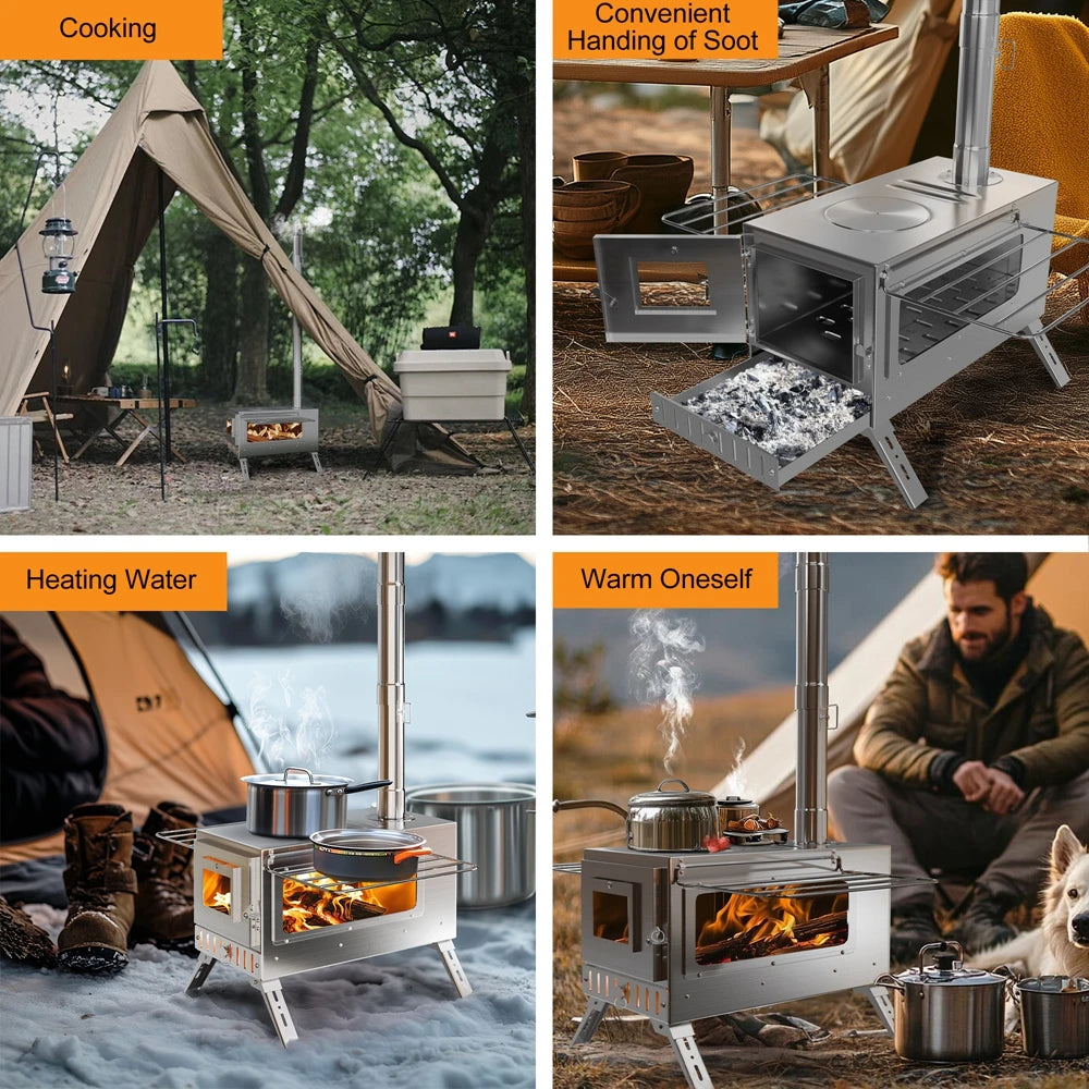 Draagbare RVS Camping Houtkachel met Schoorsteen – Tentkachel voor Kamperen, Backpacken & Outdoor Koken