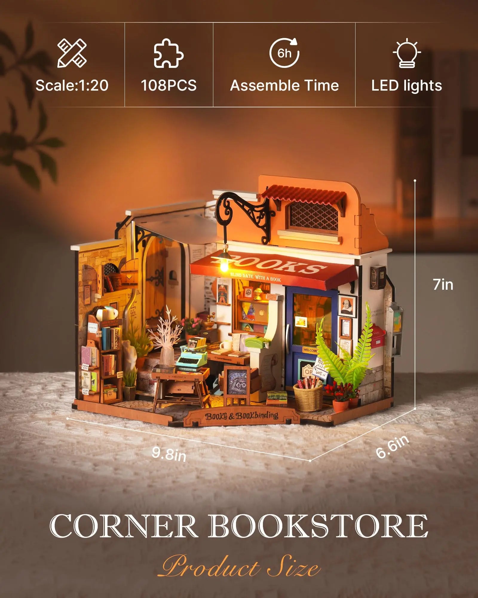 Miniatuur Boekwinkel Bouwpakket – DIY Houten Huisje met LED Verlichting – Creatief Knutselpakket voor Hobby en Cadeau