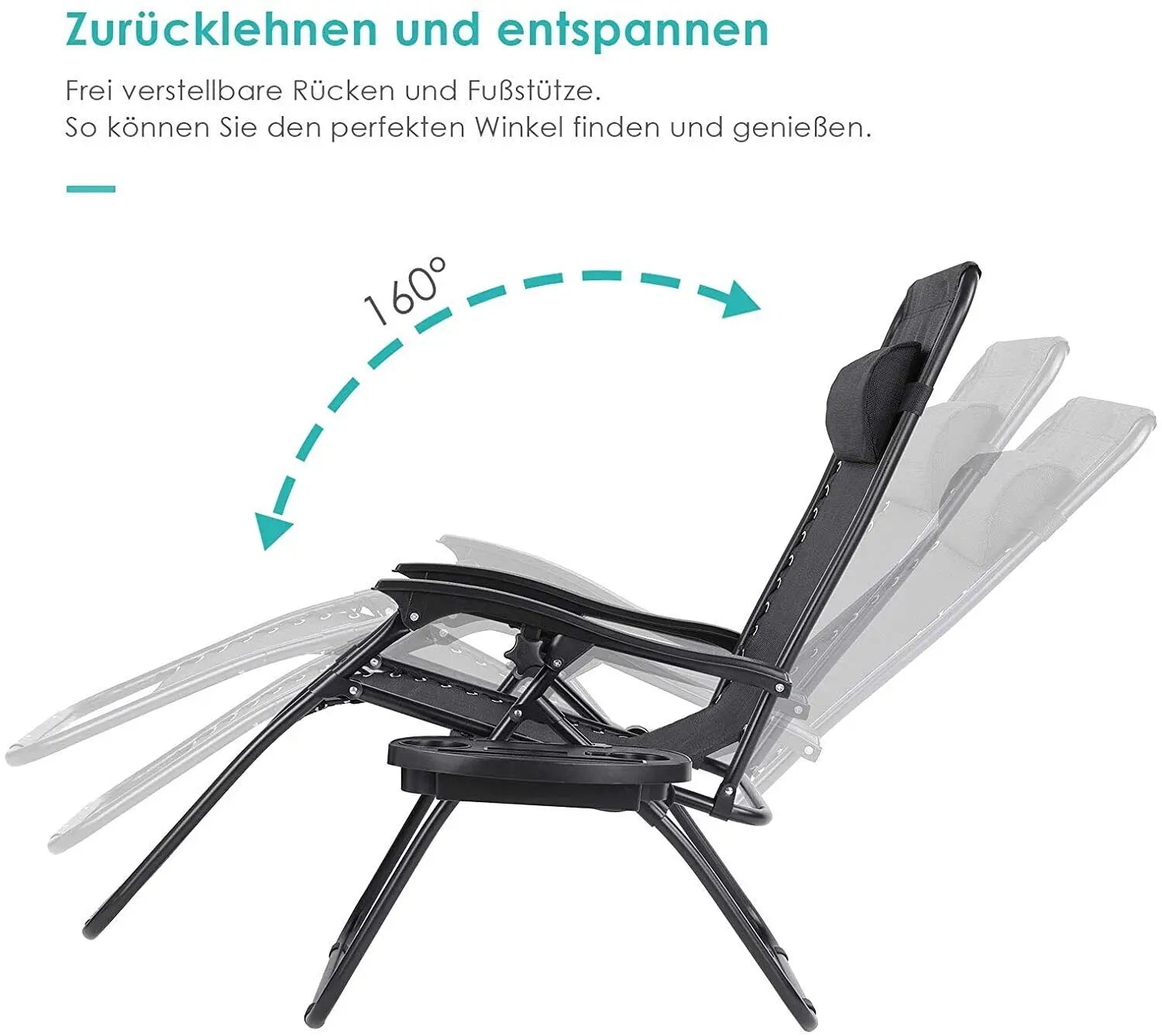 Inklapbare Zero Gravity Ligstoel met Bekerhouder en Dienblad – Verstelbare Campingstoel voor Tuin, Strand en Balkon (Tot 140 kg)