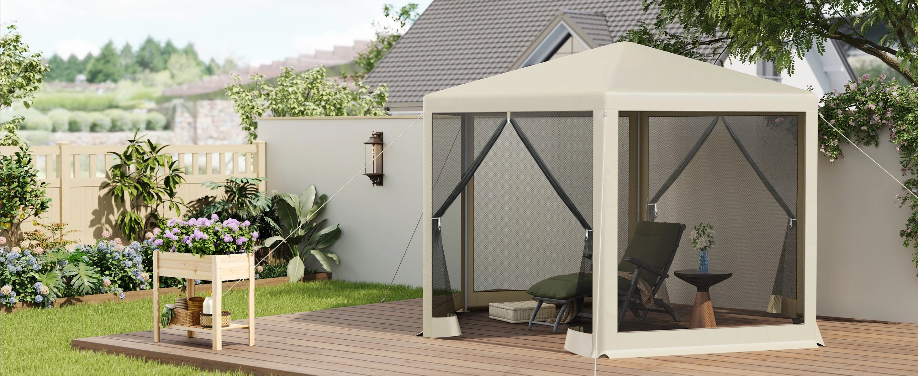 Tuinpaviljoen 3,8 x 3,3 m met Klamboe – Tuinhuisje met Mesh Zijwanden, UV-Bescherming & Luifel voor Tuin en Terras