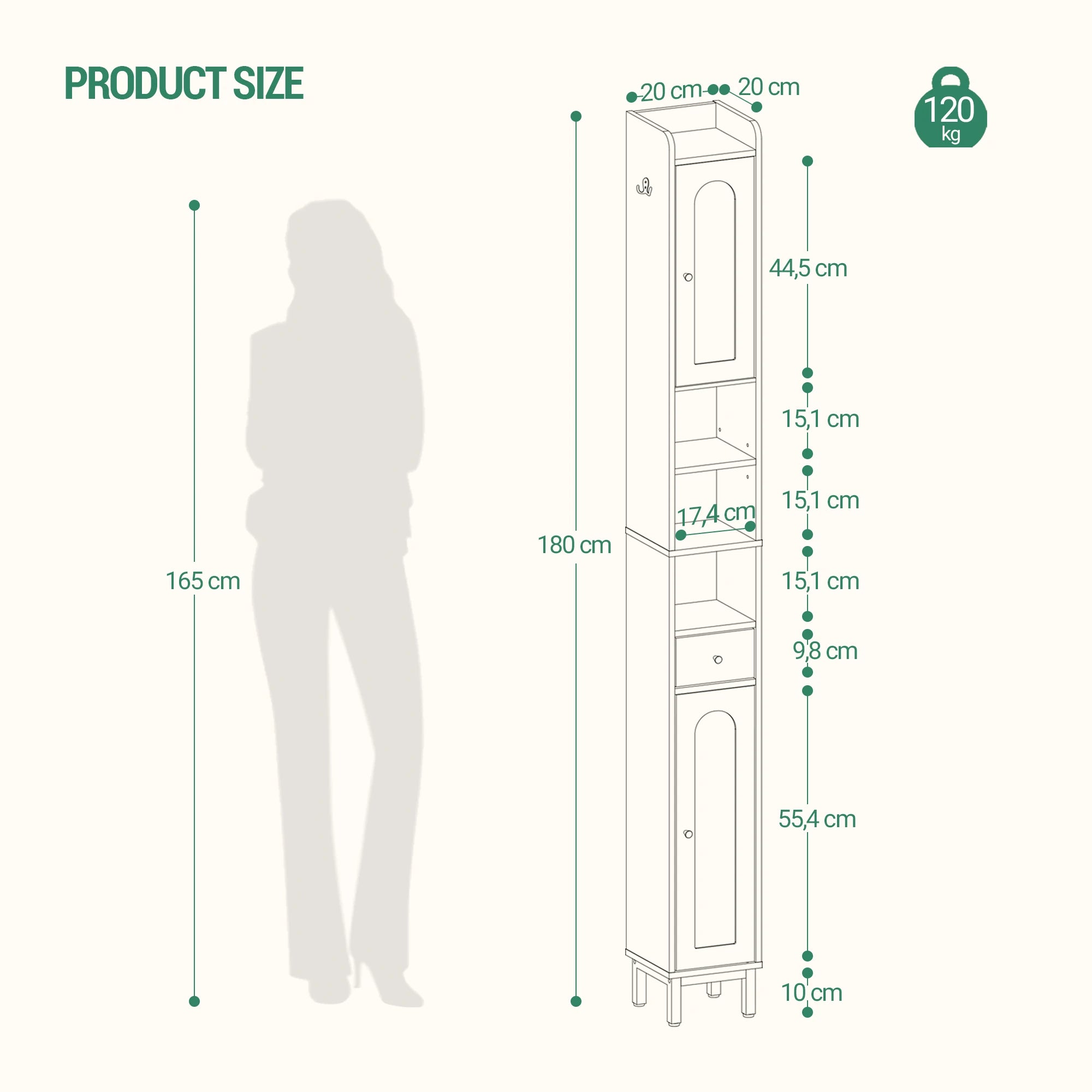 Smalle Badkamerkast met Deuren en Lade – Hoge Opbergkast voor Toilet en Badkamer – Wit Houten Design 180 cm