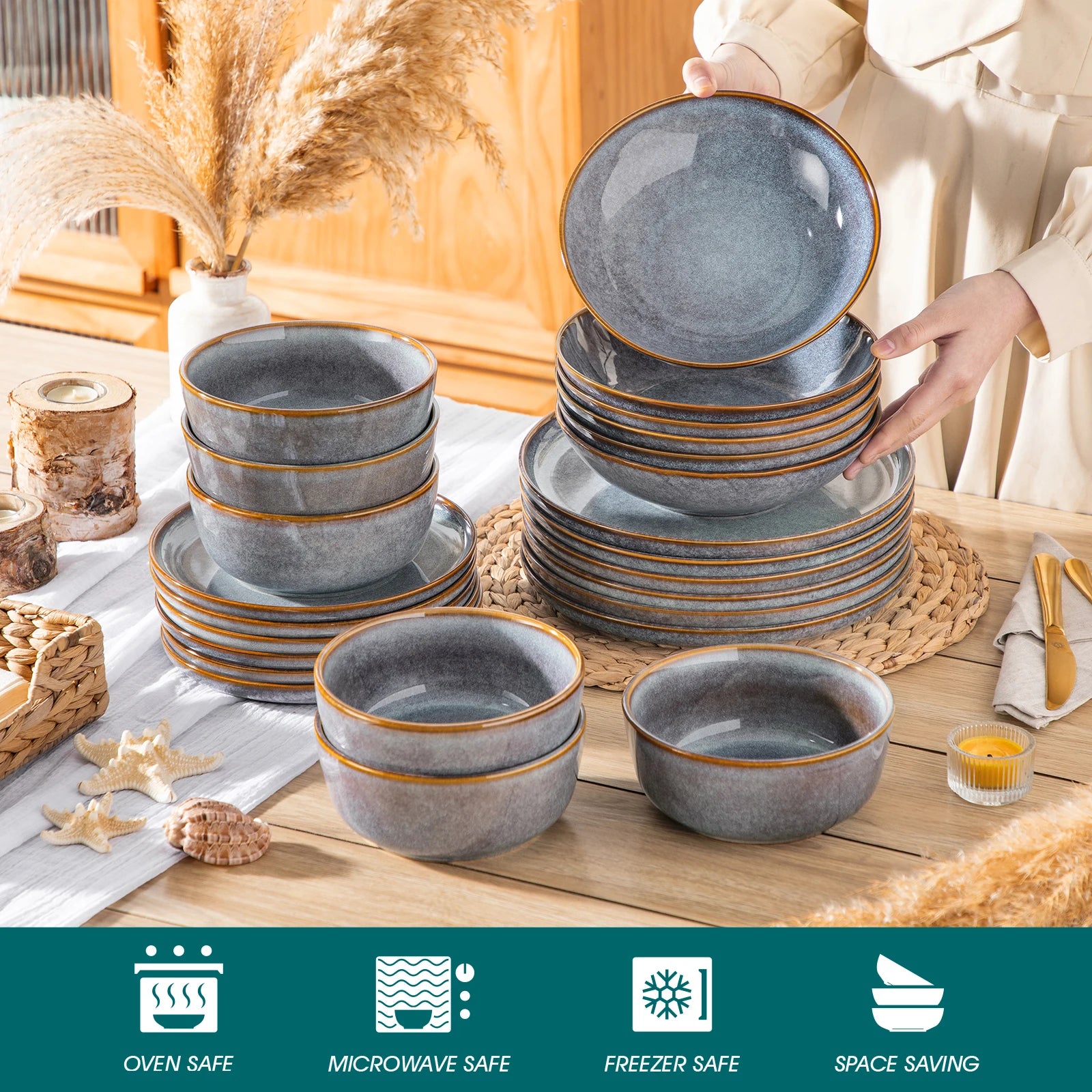 Serviesset 12-24 Delig Grijs-Blauw – Keramiek Aardewerk Servies met Reactief Glazuur voor 4-12 Personen