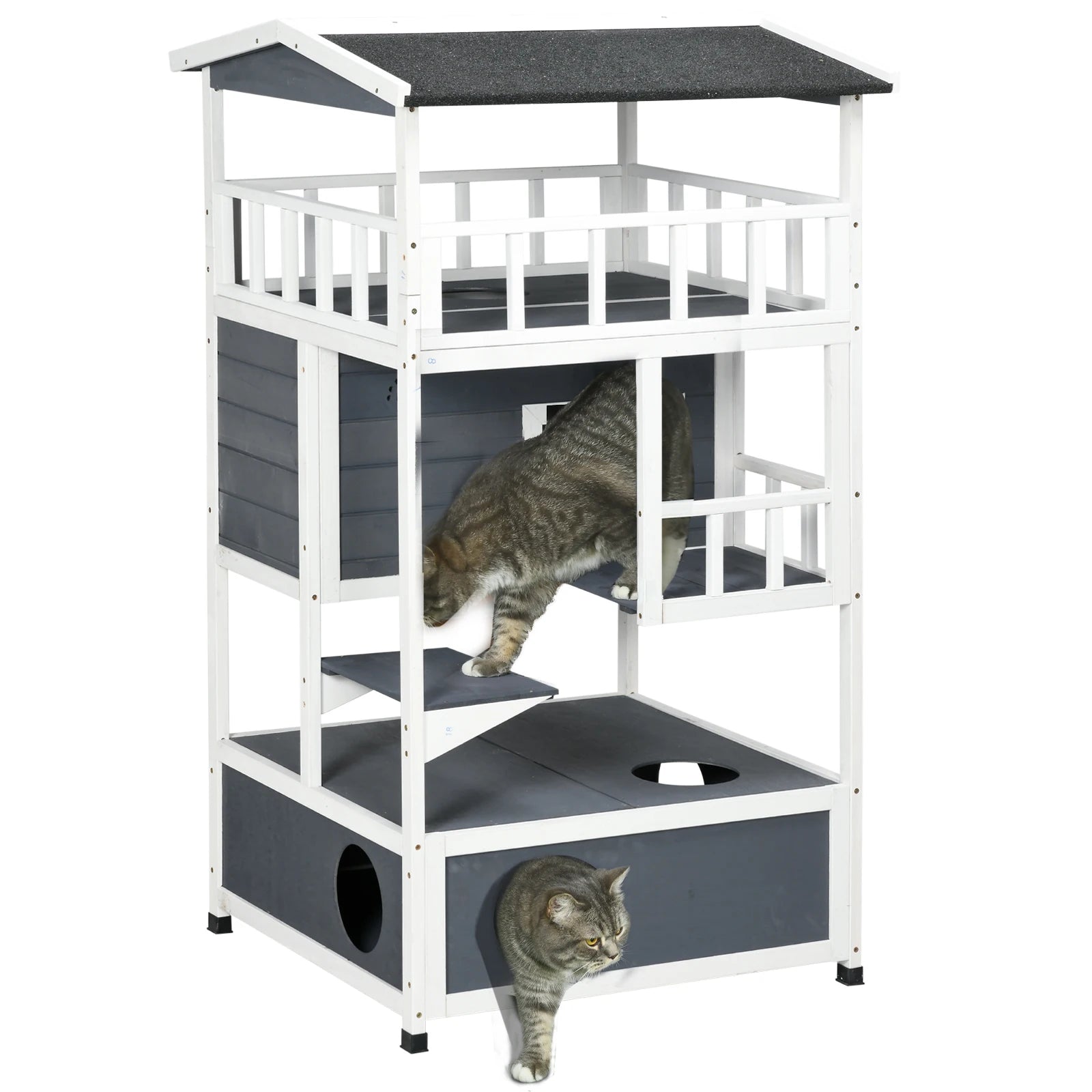 Houten Kattenhuis Buiten & Binnen – 3 Verdiepingen, Weerbestendig Dak, 78x76x140 cm Grijs/Wit