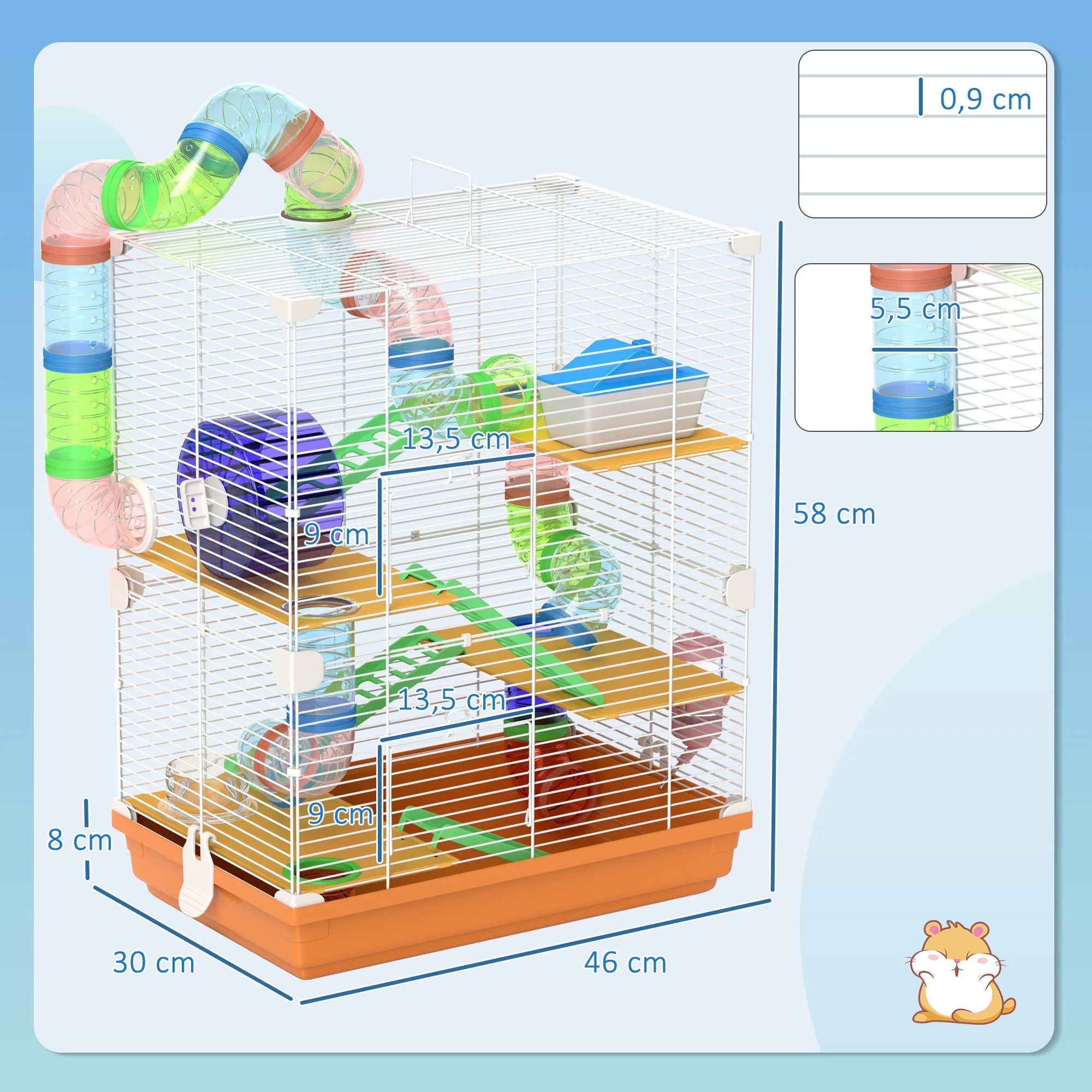 Luxe Hamsterkooi met Tunnel en Drinkbak – 5-Laags Knaagdierverblijf – 46x30x58 cm – Antraciet/Blauw