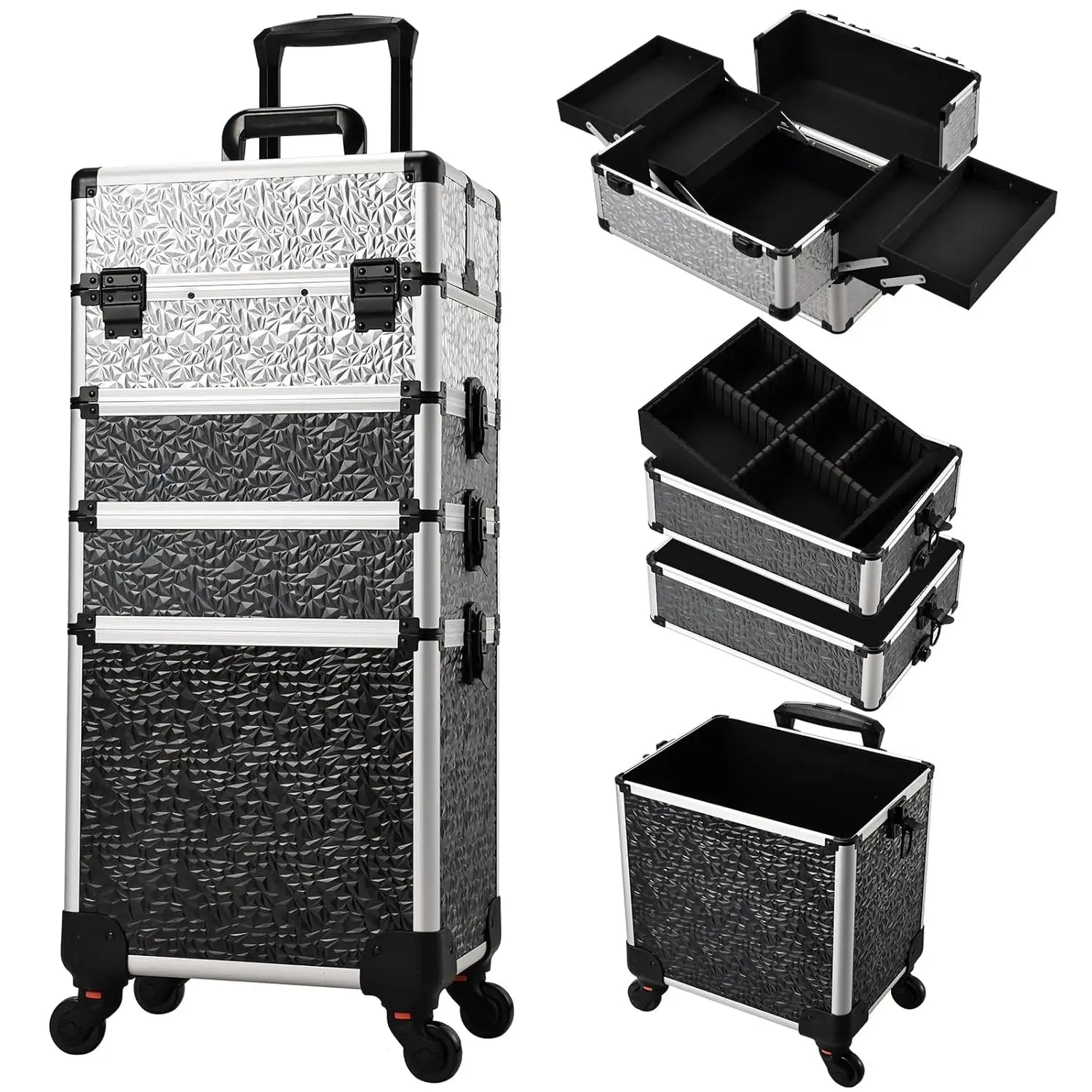 Professionele Make-up Trolley Koffer 4-in-1 – Aluminium Opbergkoffer met Wieltjes en Afneembare Compartimenten – Voor Cosmetica, Nageltools en Reis