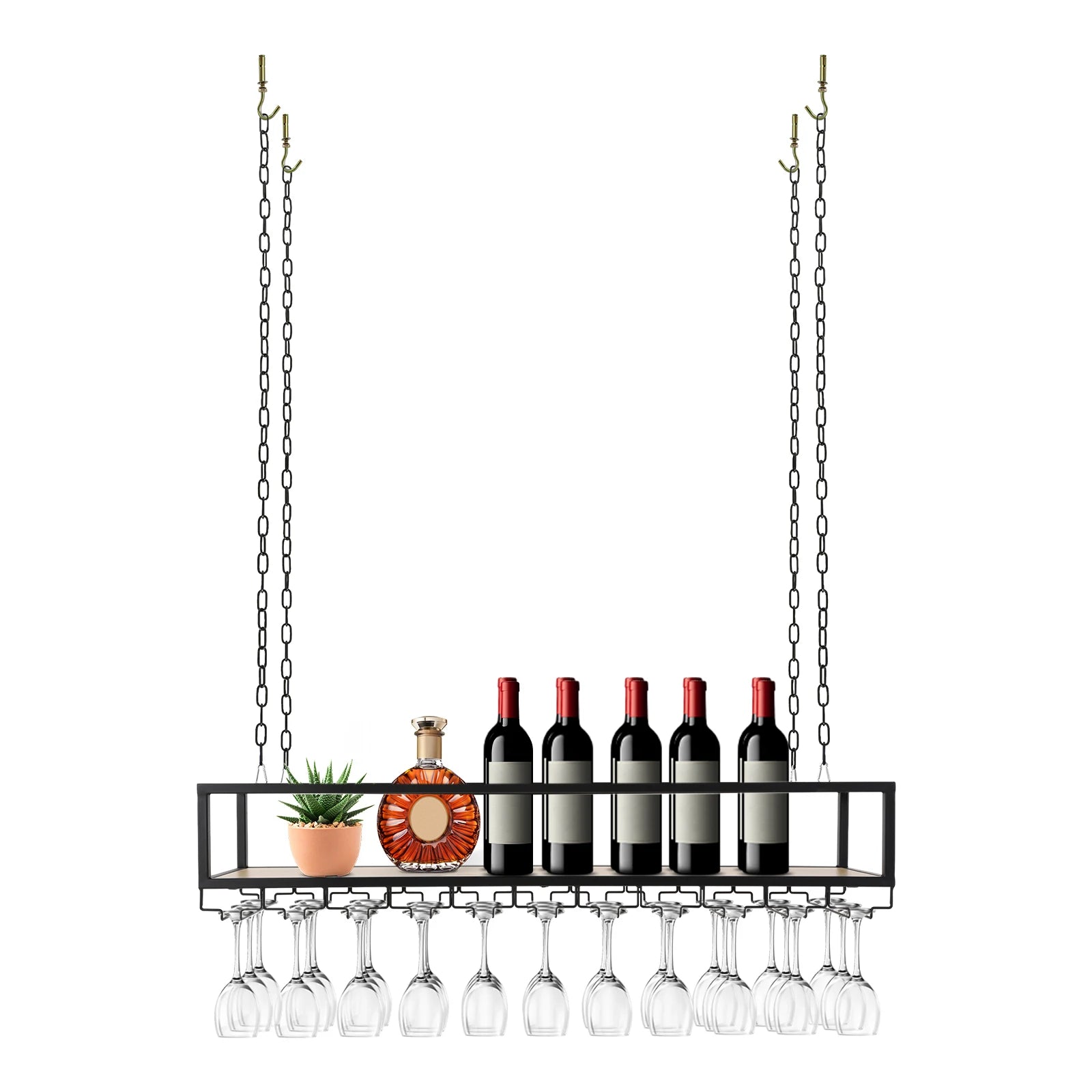 Vintage Plafond Wijnrek met Glazenhouder – Hangend Wijnrek Industrieel Zwart voor Keuken & Home Bar