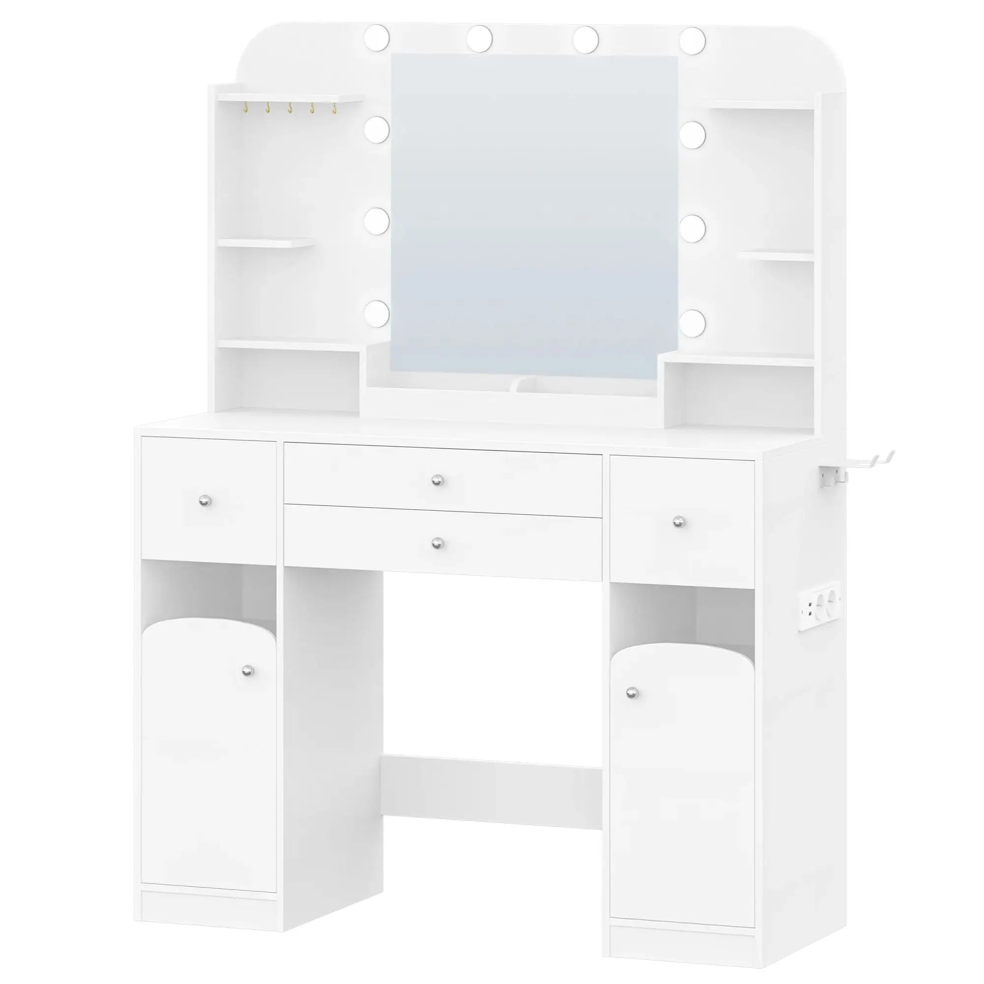 Kaptafel met LED Verlichting en Spiegel – Moderne Make-up Tafel met Stopcontact, USB, Lade & Sieraden Opbergruimte – Wit