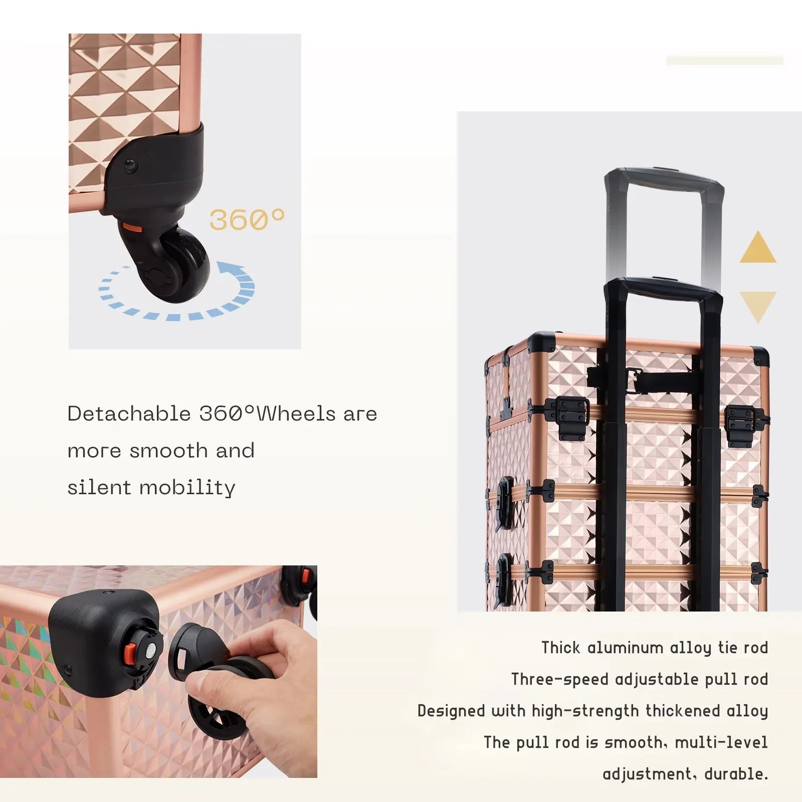 Professionele Make-up Trolley Koffer 4-in-1 – Aluminium Opbergkoffer met Wieltjes en Afneembare Compartimenten – Voor Cosmetica, Nageltools en Reis