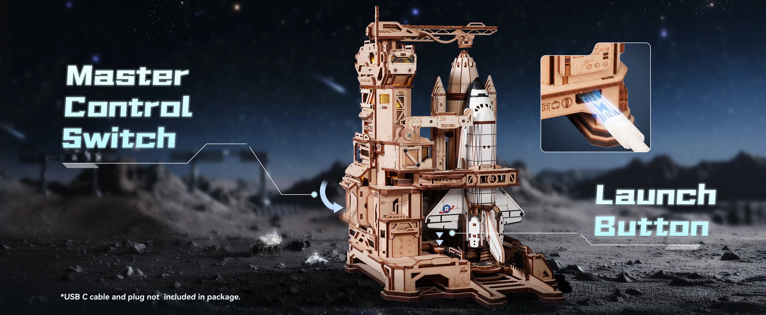 3D Houten Space Shuttle Puzzel met LED Licht – Mechanisch Bouwmodel voor Volwassenen en Tieners – Educatief STEM Cadeau