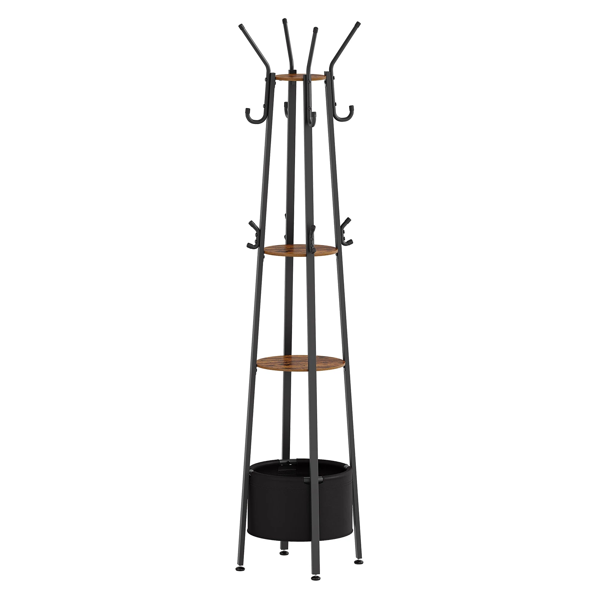 Kapstok met Opbergruimte en Mand – Staande Kapstok met 3 Planken en 16 Haken – Industrieel Design voor Hal en Slaapkamer