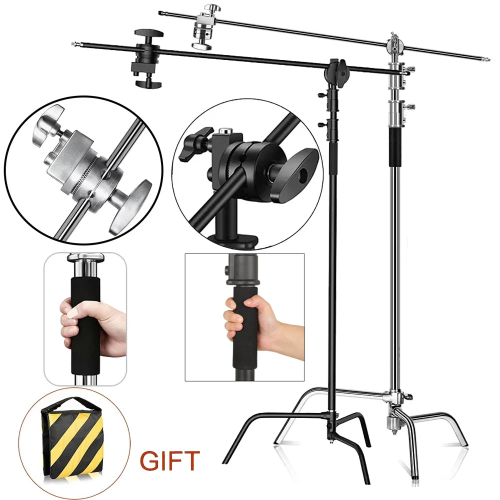 Heavy Duty C-Stand Lichtstatief 2,6M / 3,3M – RVS Fotografie Statief voor Studio, Camera, Softbox en LED Lamp