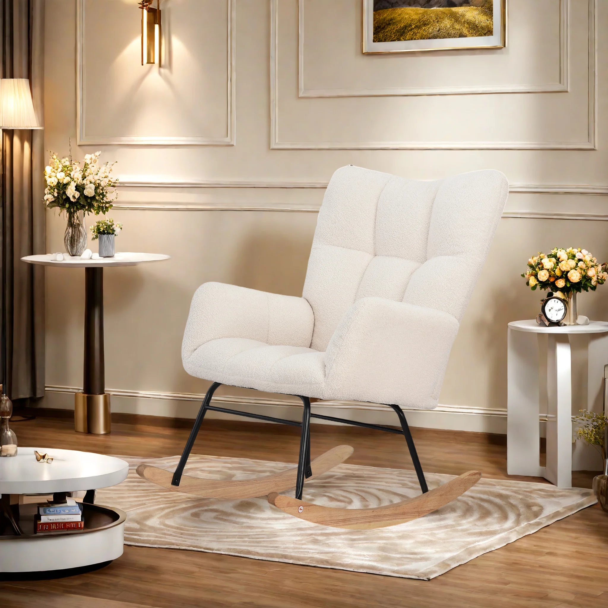Moderne zachte pluche schommelstoel met armleuningen – comfortabele woonkamer stoel