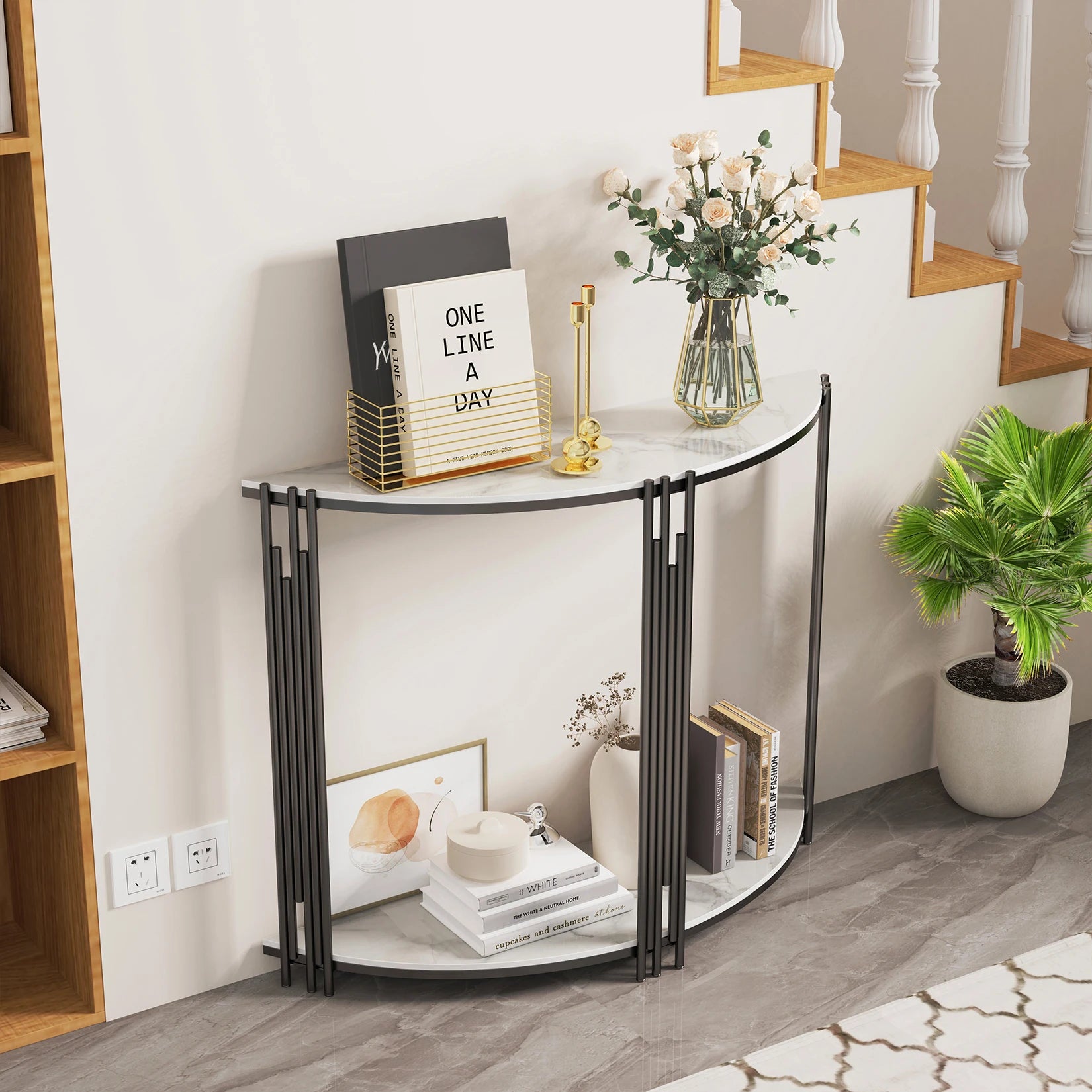 Half Moon Console Tafel van Echt Marmer Look – Moderne Haltafel met 2 Lagen voor Entree & Woonkamer