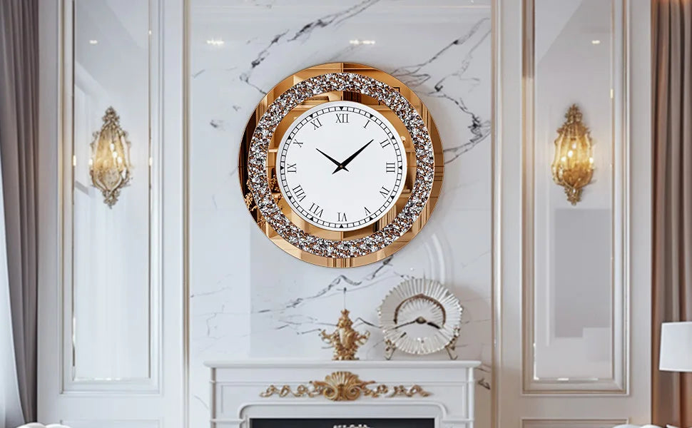 Ronde Zilveren Spiegelklok 60 cm – Luxe Wandklok met Romeinse Cijfers & Crushed Diamant Design