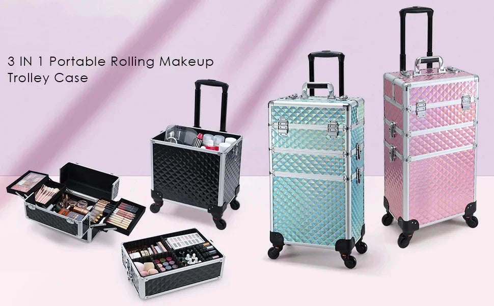 Rollende Make-up Koffer 3-in-1 – Professionele Cosmetica Trolley met Wieltjes, Slot en Afneembare Koffer – Beauty Organizer voor Salon en Reizen