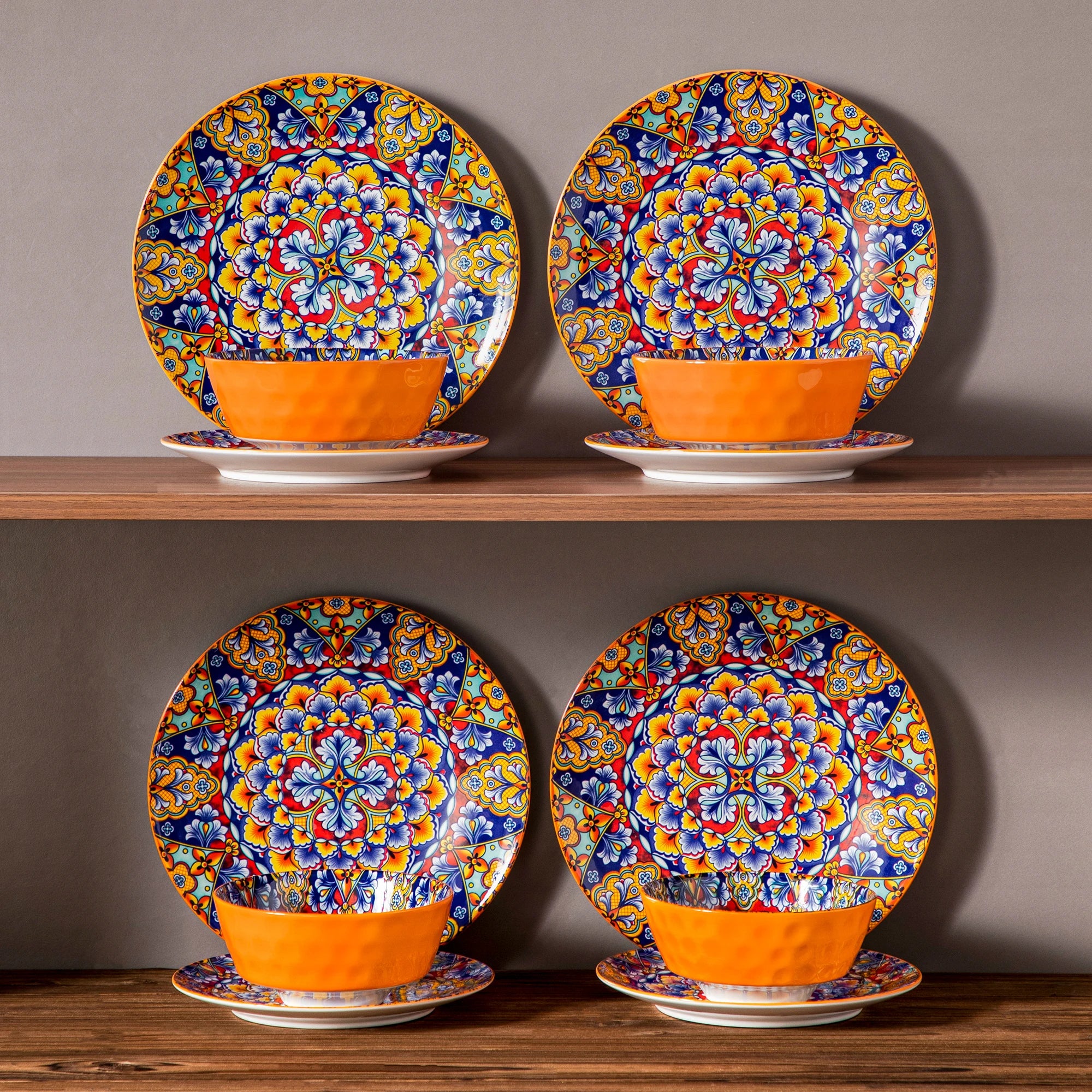 Boheemse 12-delige Keramische Servies Set – Porselein Dinerborden, Dessertborden & Kommen – Boho Servies met Bloemen Design