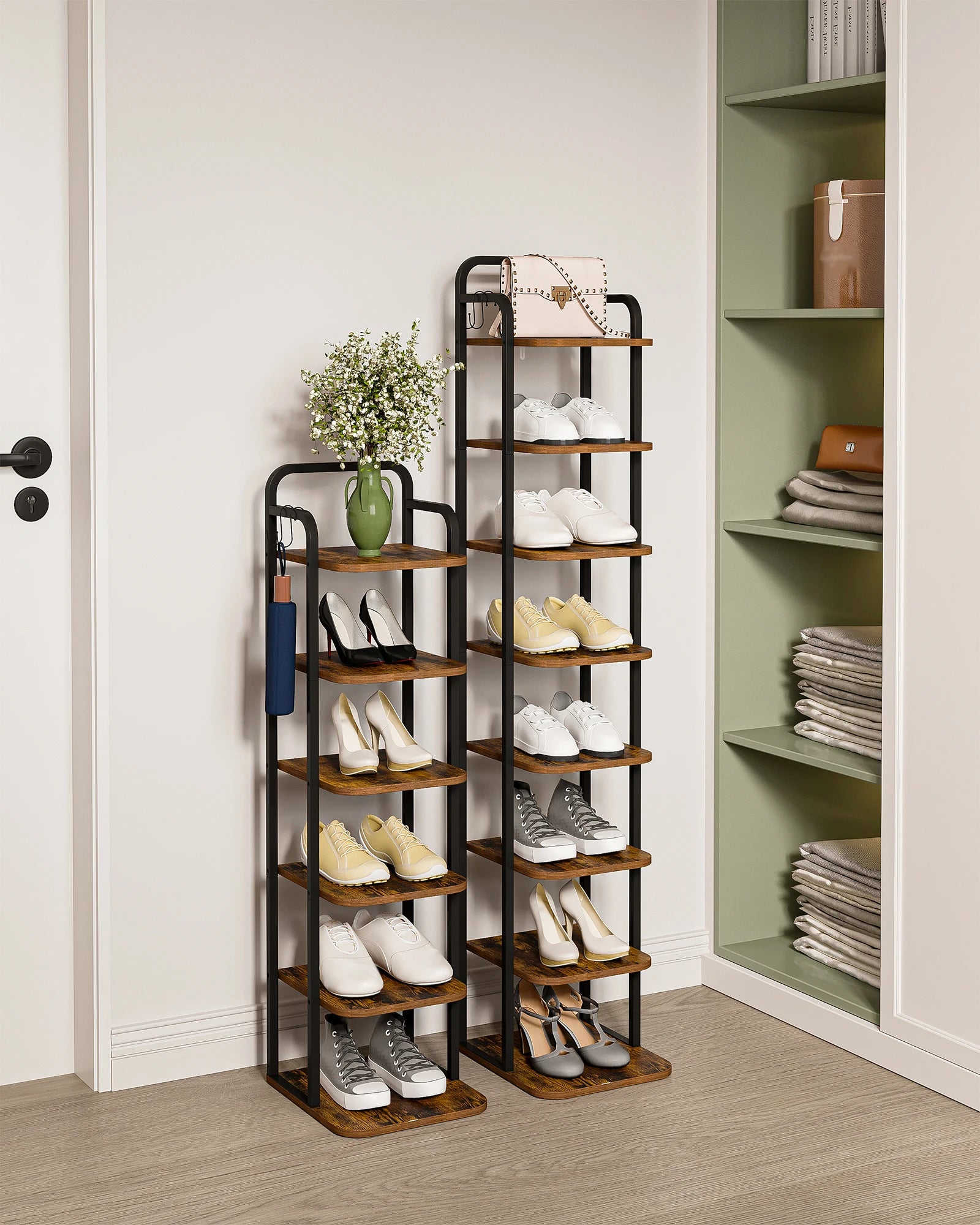 Smalle Schoenenrek 6 Laags – Verticale Schoenenkast voor Kleine Ruimtes – Houten Schoenen Organizer met Haken – Industrieel Design
