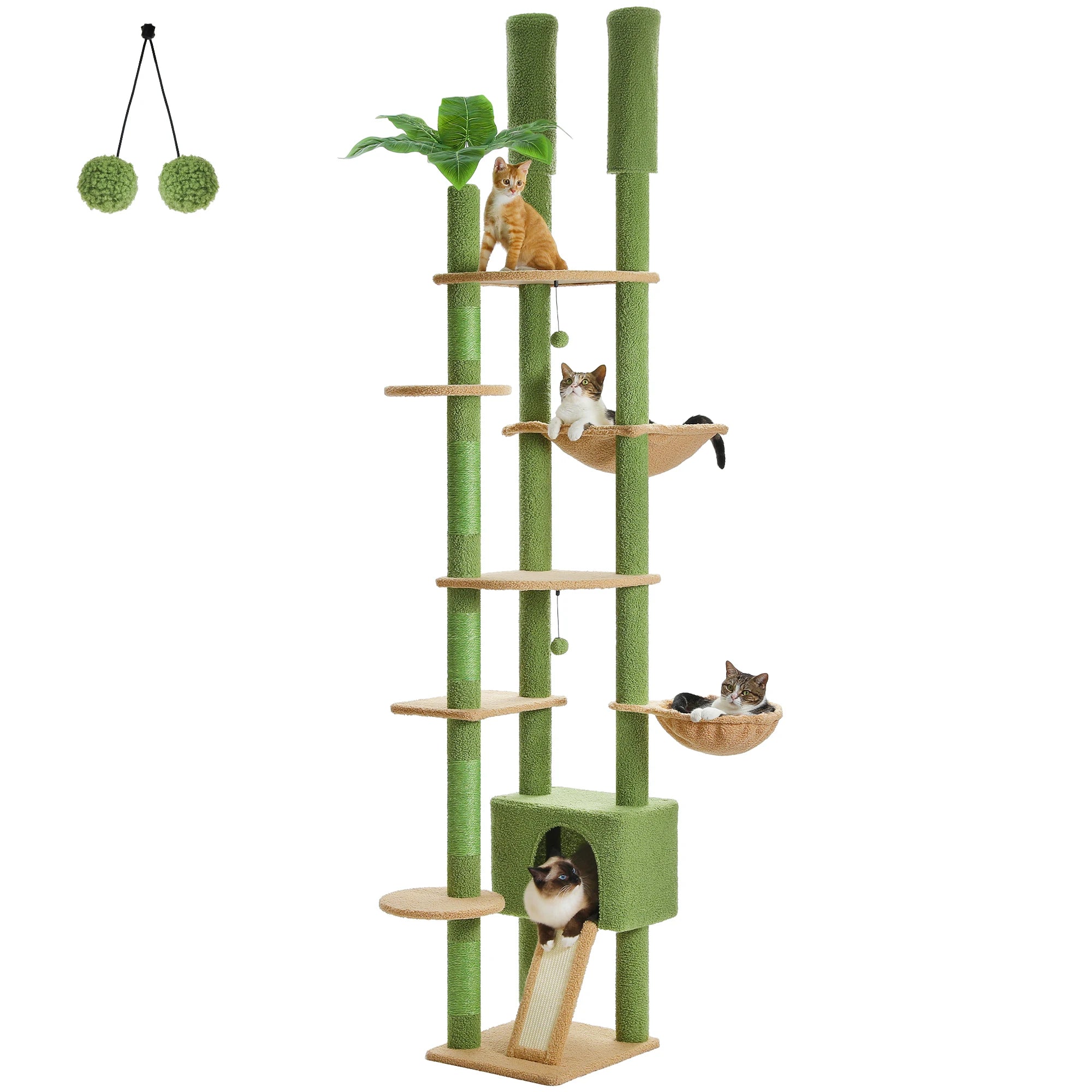 Verstelbare Houten Krabpaal tot Plafond met Hangmat en Kattenhuis – Grote Kattenboom met Sisal Krabpalen en 7 Niveaus – Luxe Katten Klimtoren voor Binnen