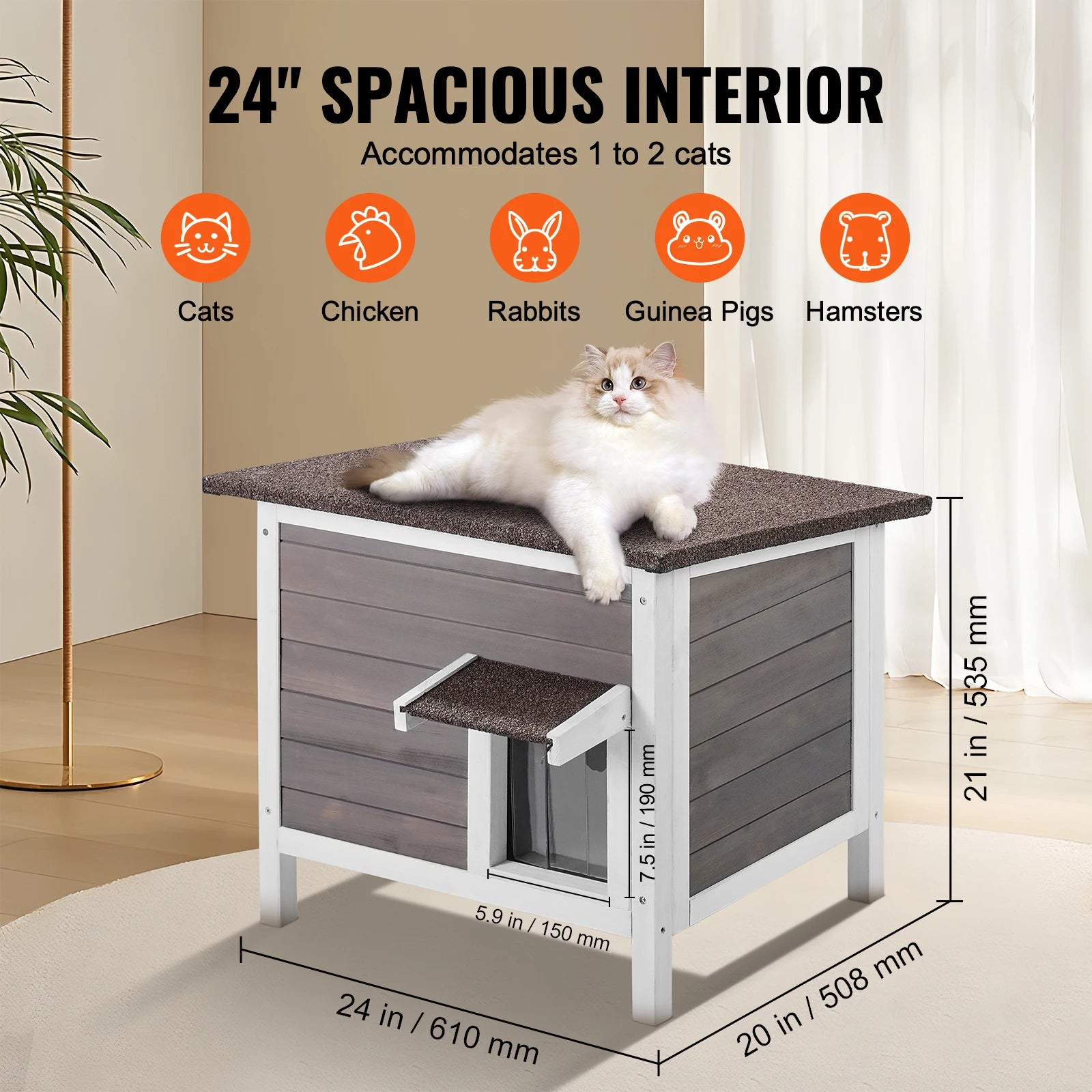 Geïsoleerd Buiten Kattenhuis Hout – Weerbestendig Kattenhok met Dak en PVC Deur – Winterproof Kattenverblijf voor Buiten