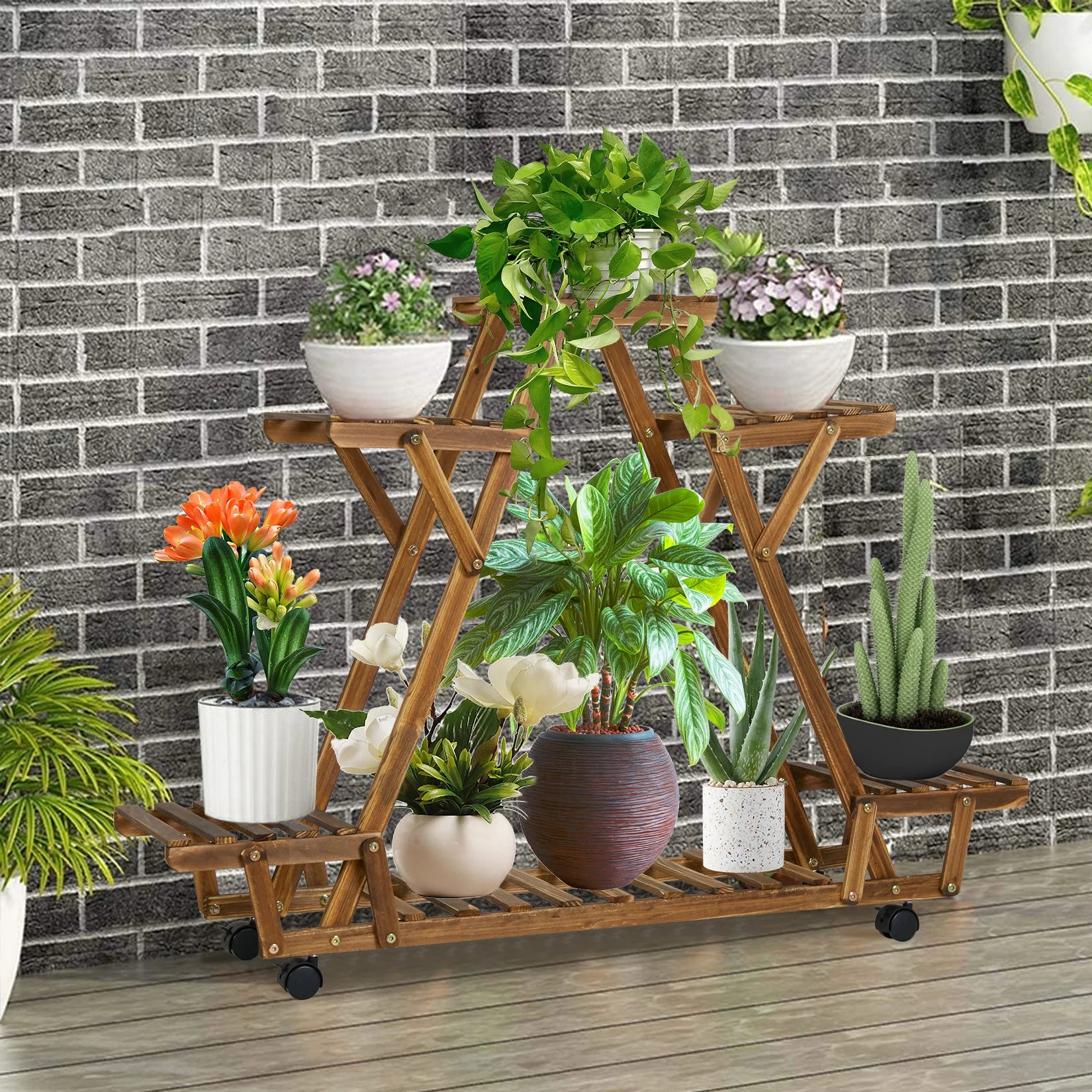 Driehoekig Plantenrek met Wielen – 6 Lagen Houten Bloemenstandaard voor Binnen & Balkon