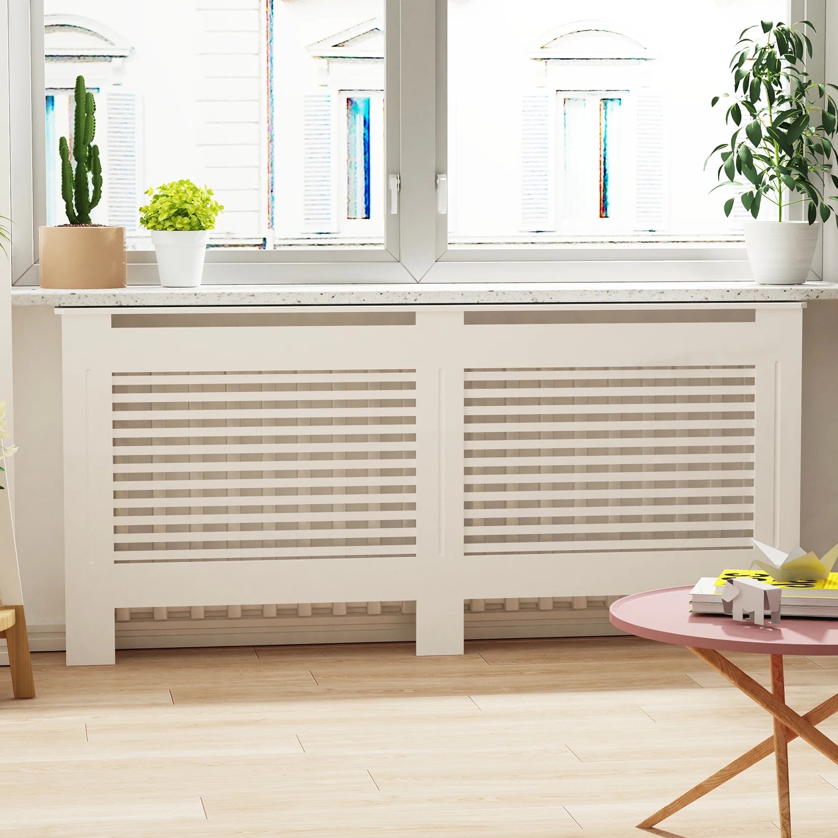 Moderne Radiator Cover Hoog – MDF Radiator Ombouw met Verticale Lamellen | Witte Radiator Kast met Plank