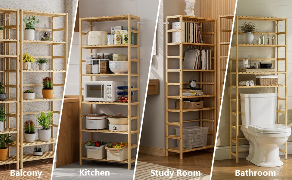 6-Laags Bamboe Boekenkast met Verstelbare Planken – Duurzaam Opbergrek voor Woonkamer, Slaapkamer en Kantoor
