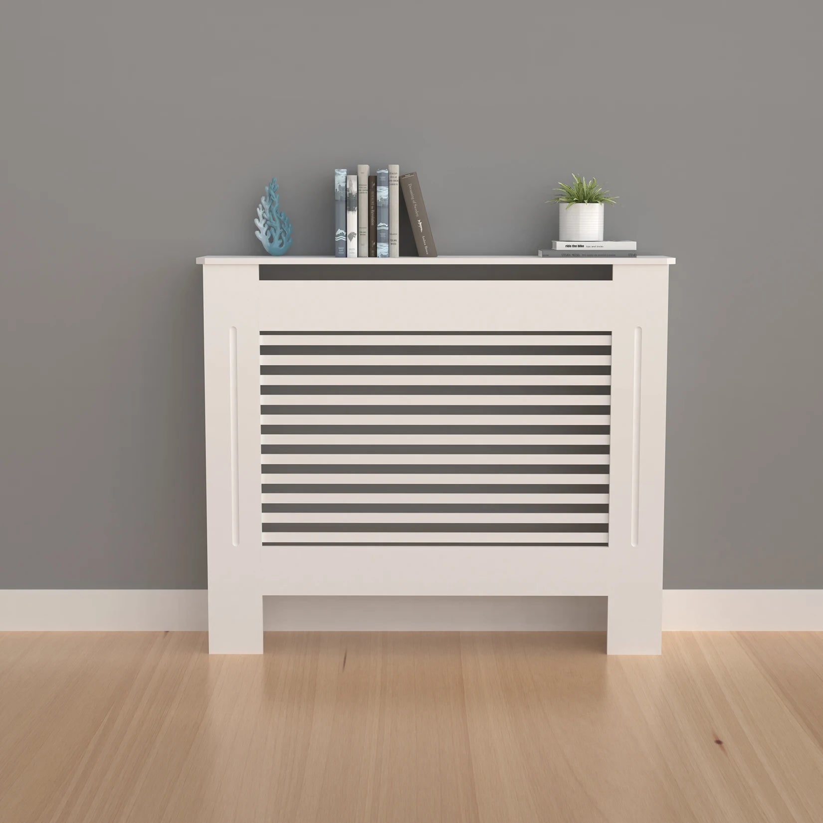 Moderne Radiator Cover Hoog – MDF Radiator Ombouw met Verticale Lamellen | Witte Radiator Kast met Plank