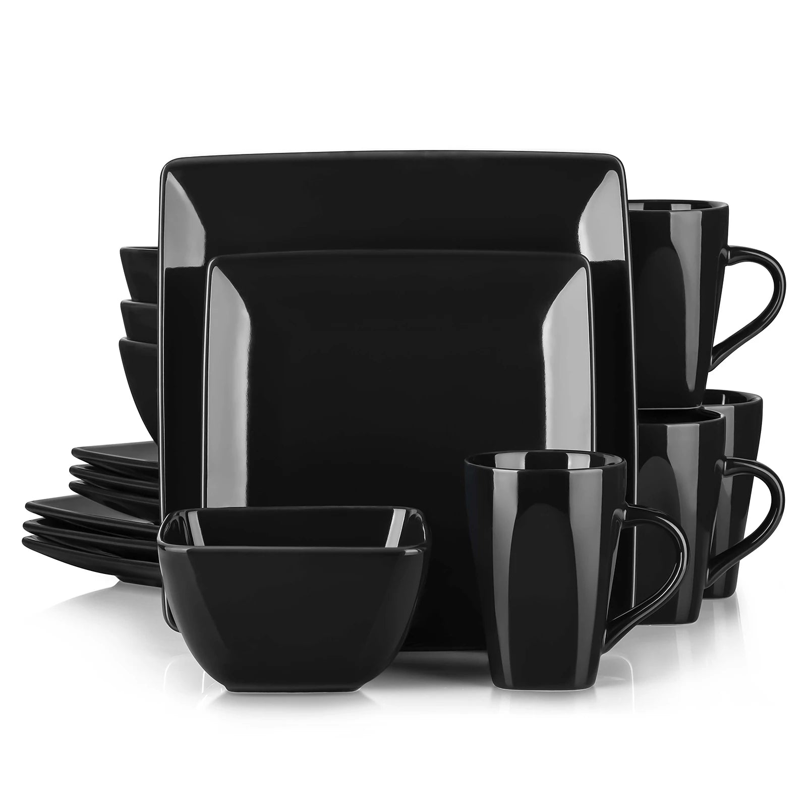 Zwart Serviesset Keramiek – 16, 32 of 48 Delige Moderne Vierkante Servies Set met Borden, Kommen en Mokken – Luxe Tafelservies