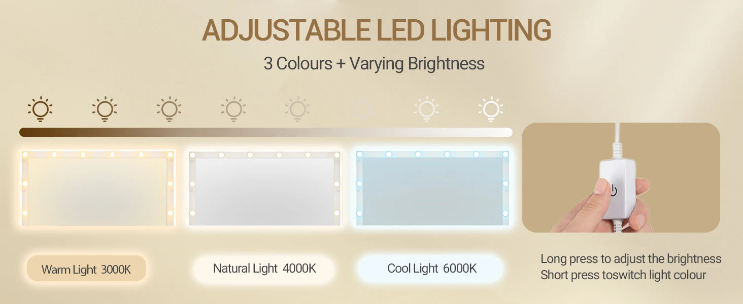 Moderne Kaptafel met LED‑Spiegel, 3 Kleuren LED‑Licht, 5 Laden en Opbergkast – Wit