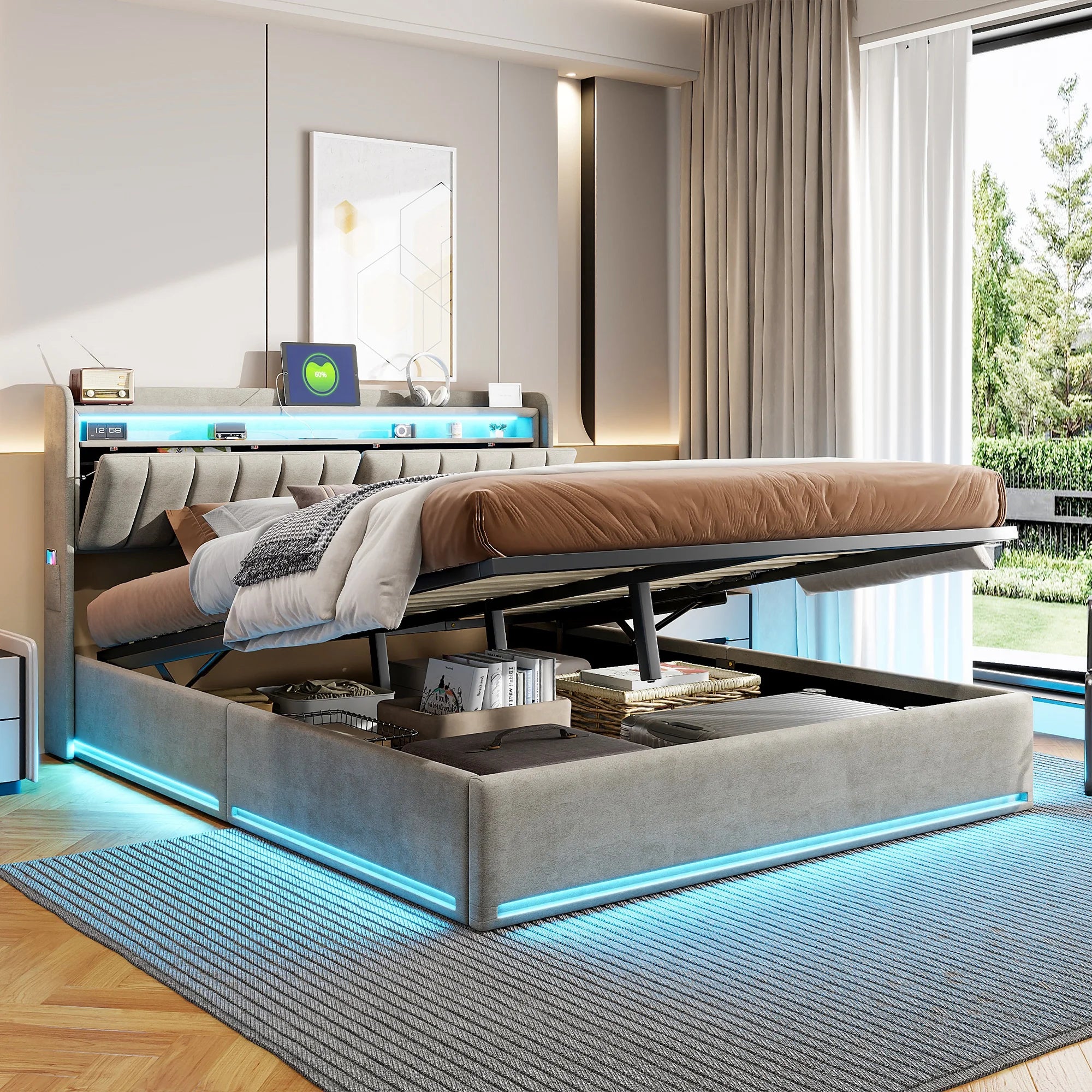 Tweepersoonsbed met geïntegreerde LED‑verlichting, USB‑oplaadfuncties en opbergruimte – Modern en functioneel bedframe