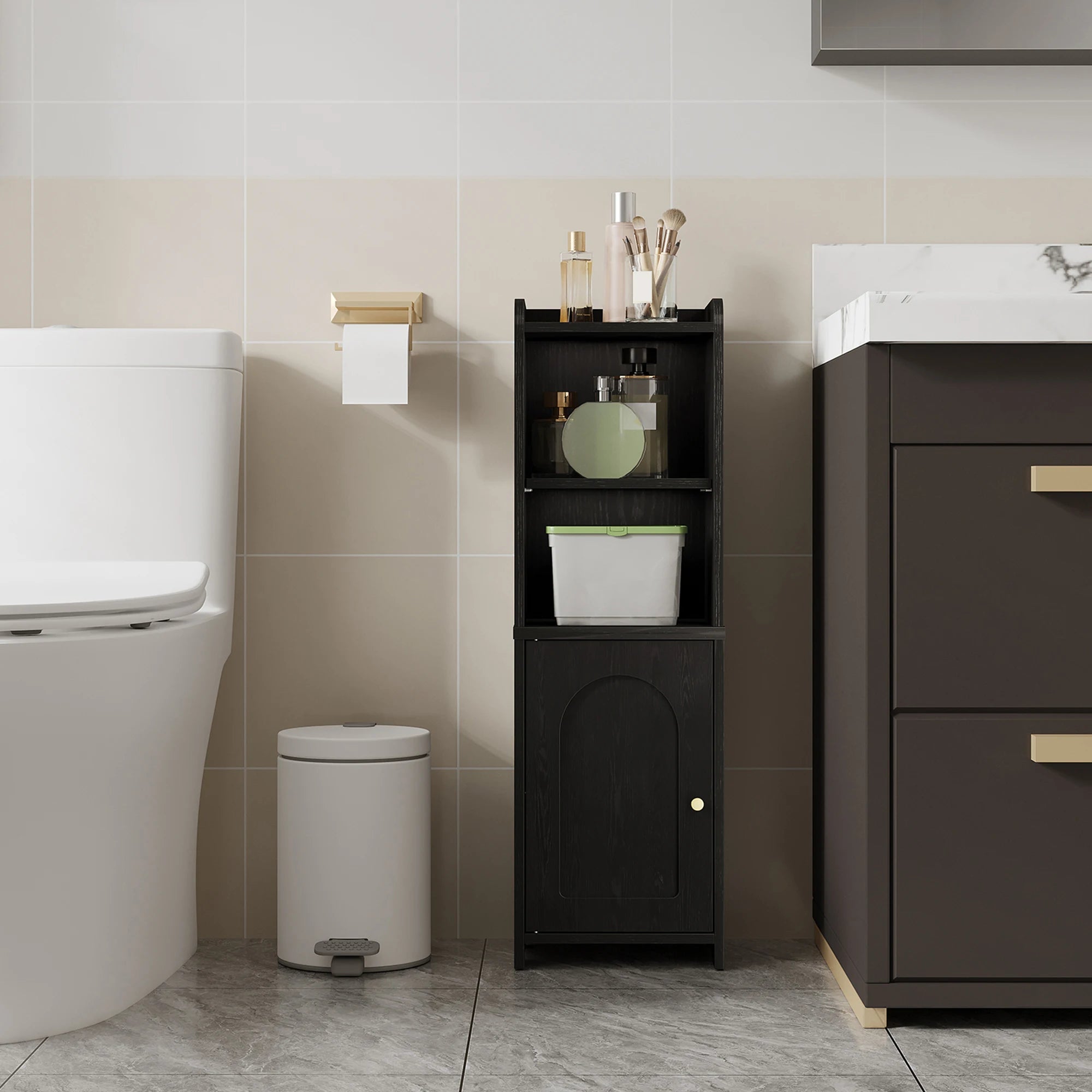 Smalle Badkamerkast met Deuren en Verstelbare Planken – Ruimtebesparende Toiletkast voor Opbergruimte