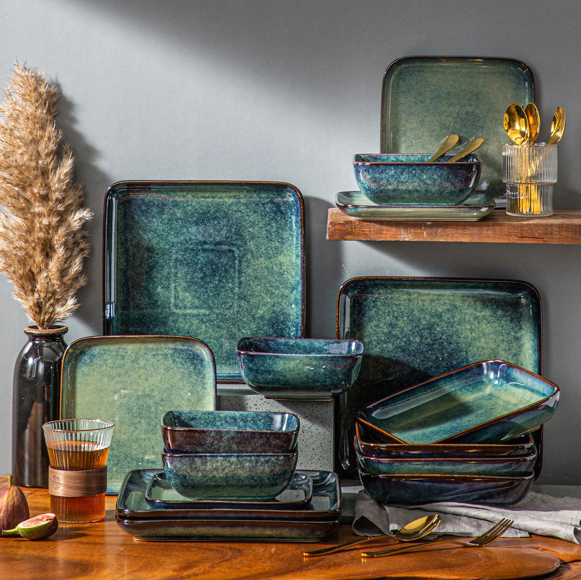 Stern Groen 16-Delige Serviesset – Modern Keramisch Dinnerservies voor 4 Personen – Vierkant Design – Blauw Groen Glazuur – Steengoed Servies