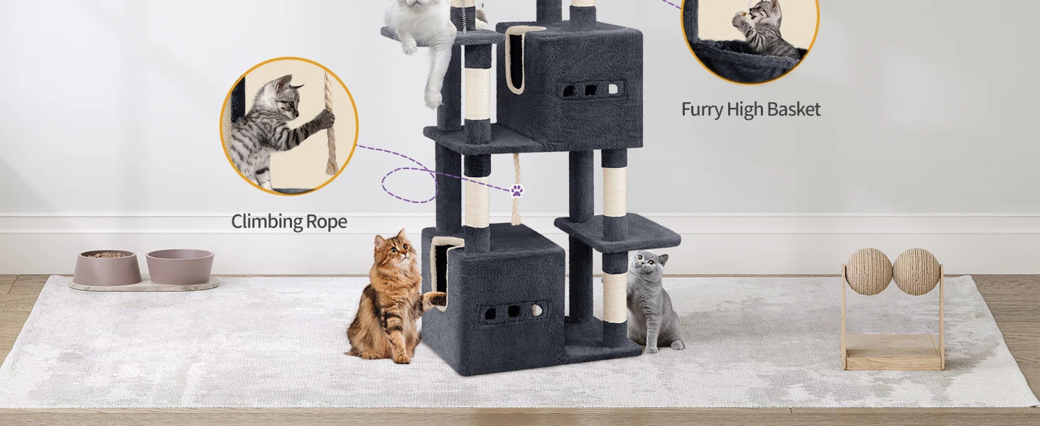 XXL Kattenboom 193 cm – Grote Krabpaal met 7 Niveaus, 3 Kattenhuizen, Platforms & Sisal Krabpalen voor Meerdere Katten