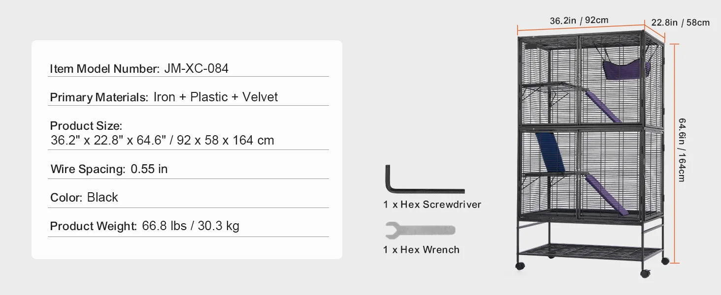 Grote Frettenkooi 164 cm met 4 Lagen – Metalen Dierenkooi met Platforms, Hangmat & Wielen – Voor Fretten, Chinchilla’s & Cavia’s