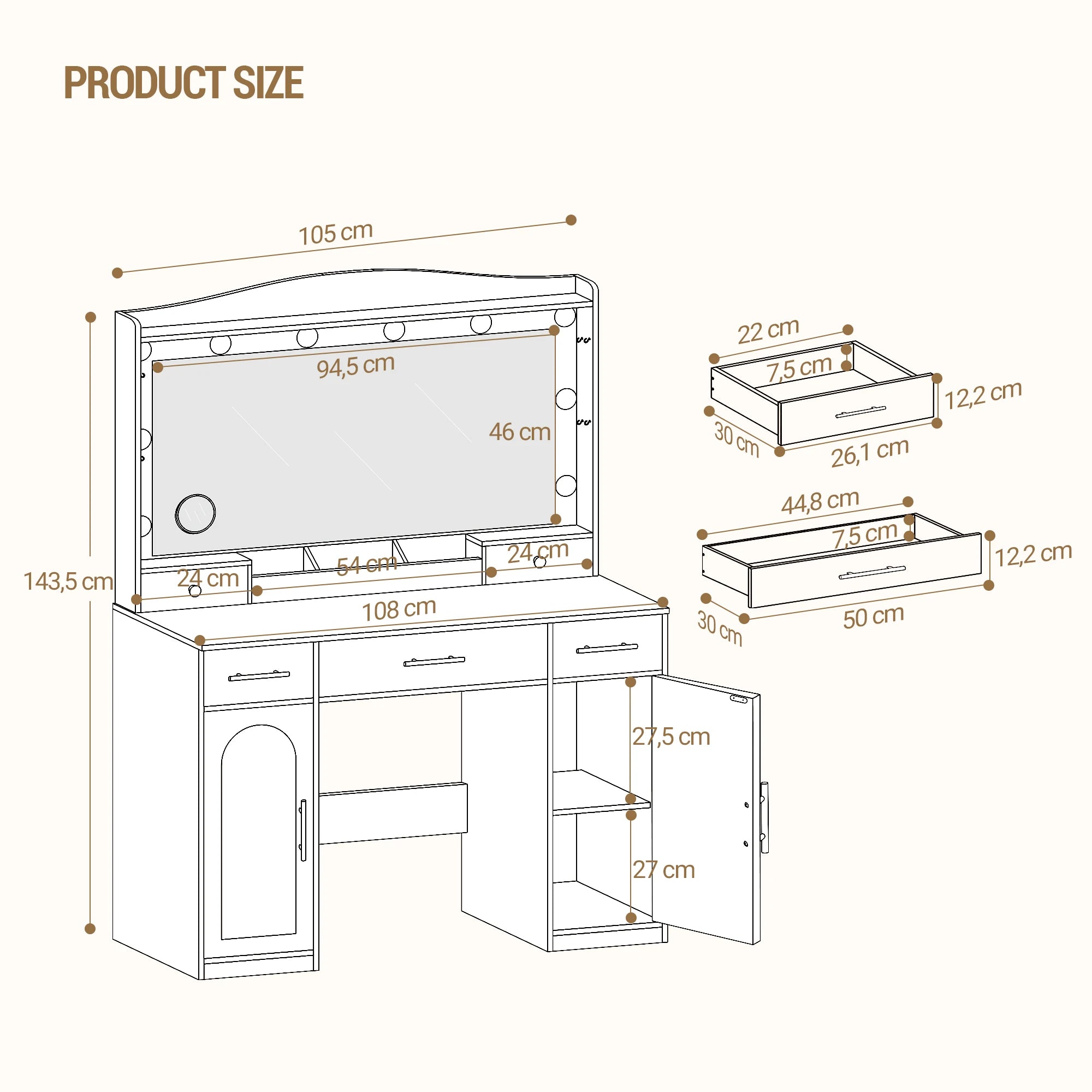 Moderne Kaptafel met LED‑Spiegel, 3 Kleuren LED‑Licht, 5 Laden en Opbergkast – Wit