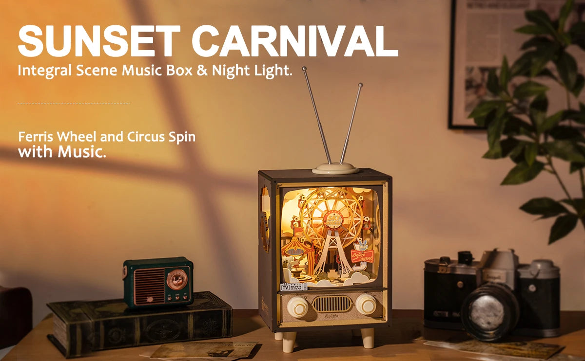 3D Houten Muziekdoos Reuzenrad met Licht – Sunset Carnival Nachtlampje en Decoratie – USB Oplaadbaar voor Woonkamer en Slaapkamer