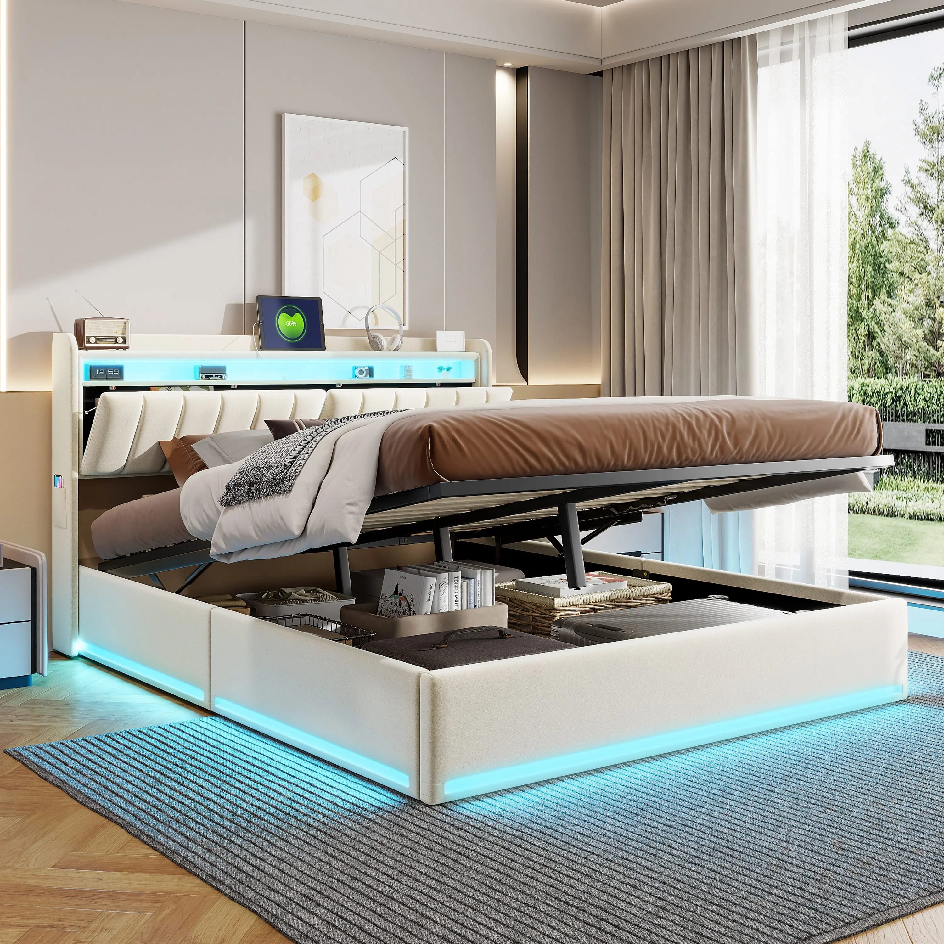 Tweepersoonsbed met geïntegreerde LED‑verlichting, USB‑oplaadfuncties en opbergruimte – Modern en functioneel bedframe