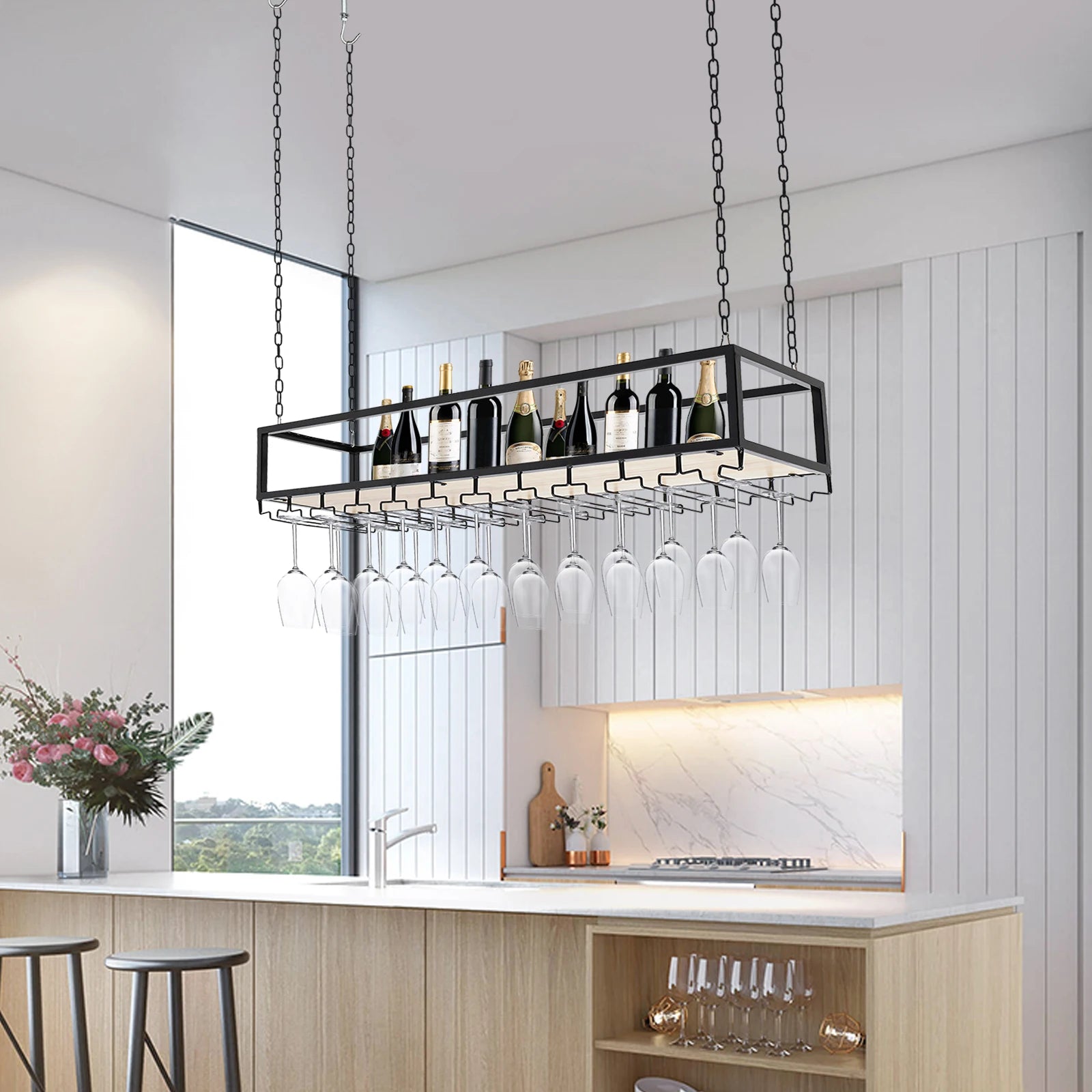 Hangend Wijnrek Industrieel met Glazenhouder – Vintage Plafond Wijnrek Metaal & Hout