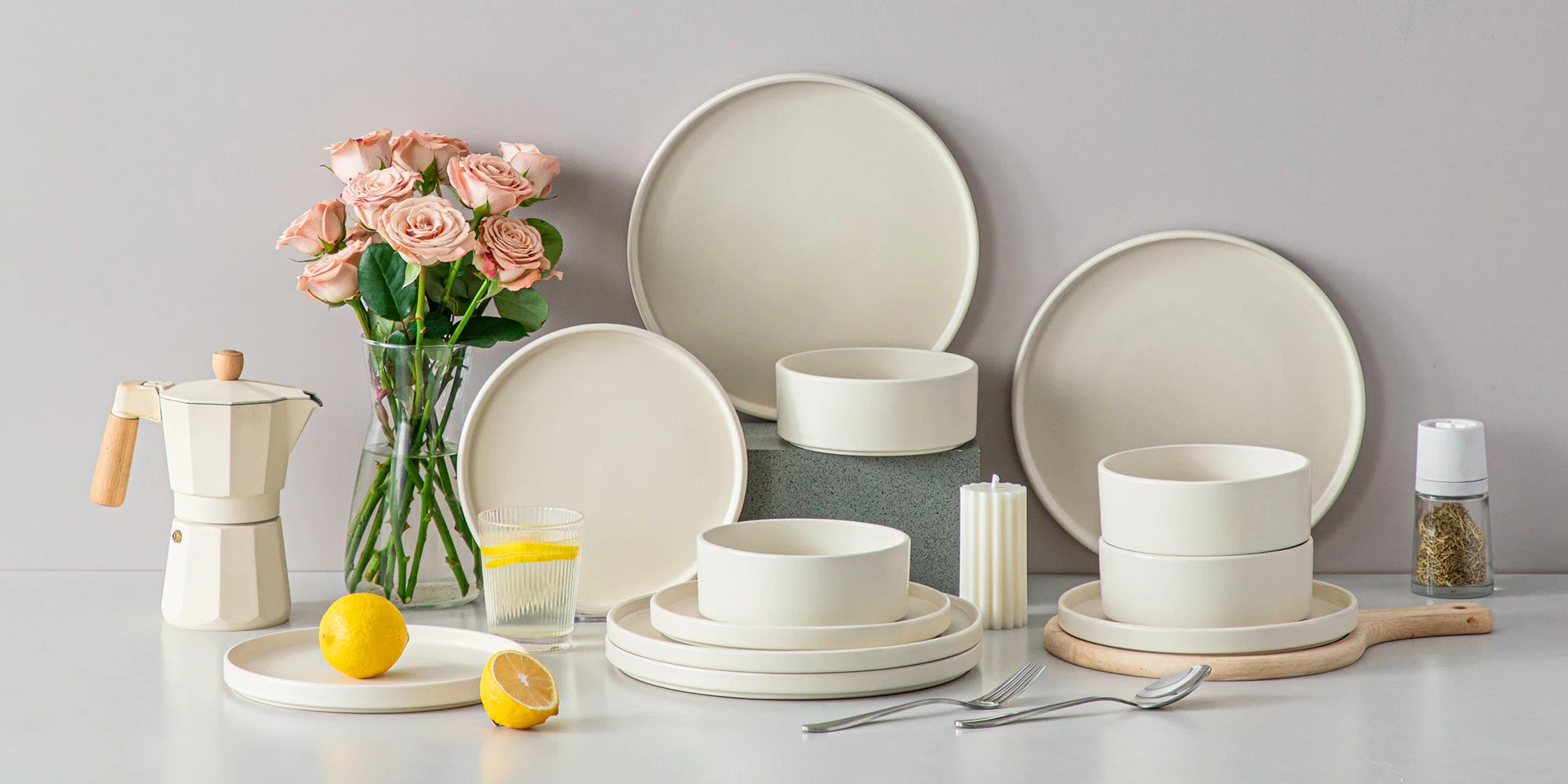 24-delige Serviesset van Steengoed Keramiek – Cream White Vierkant Servies voor 8 Personen