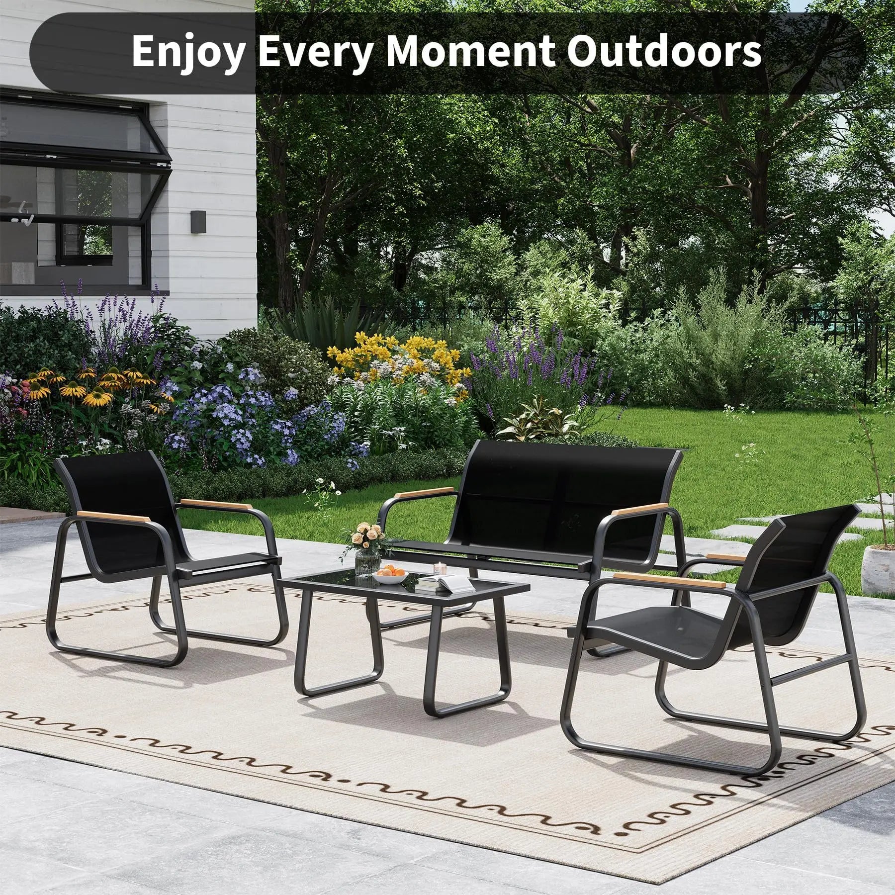 4-Delige Tuinmeubelset met 2-Zitsbank, 2 Stoelen & Glazen Salontafel – Weerbestendige Loungeset voor Tuin, Terras & Balkon