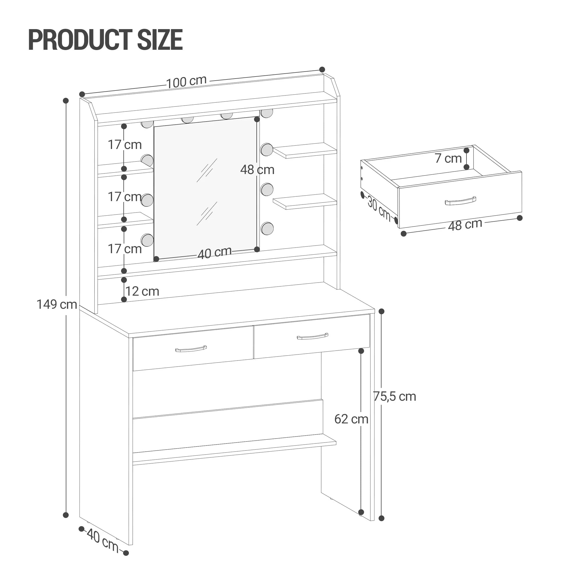 Moderne Witte Kaptafel met Spiegel, Planken en 2 Lades – Kaptafel voor Slaapkamer met Instelbare Verlichting