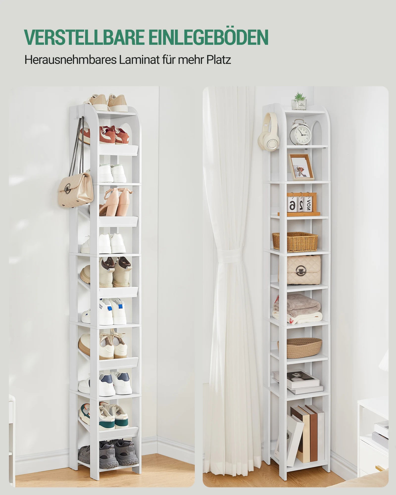 Smalle Schoenenkast 11 Lagen – Verticale Schoenenrek voor Kleine Ruimtes – Houten Schoenen Organizer met Haken